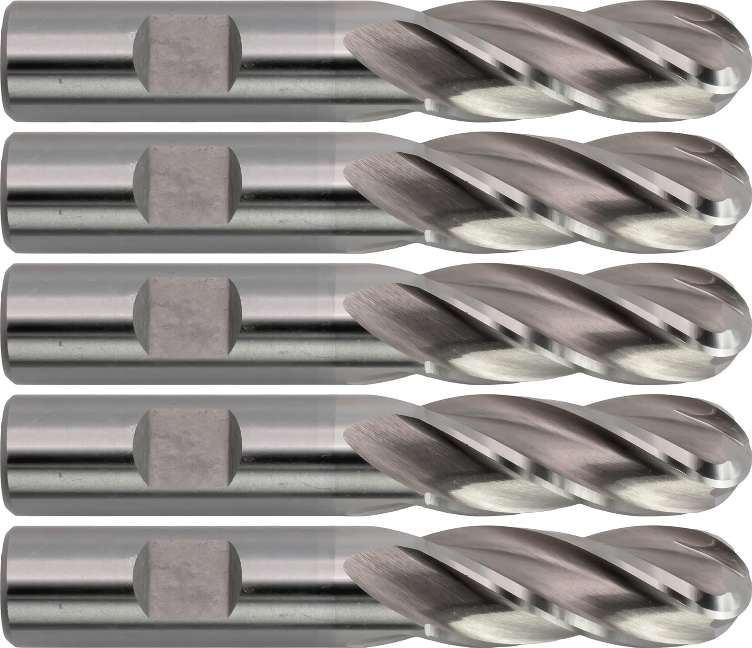 5 pcs M42 Cobalt End Mills, Ball Nose, Bright (Uncoated) Finish, 5/8 Mill Diameter, 1 5/8 Length of Cut, 3 3/4 Overall Length, 4 Flute, Center Cutting