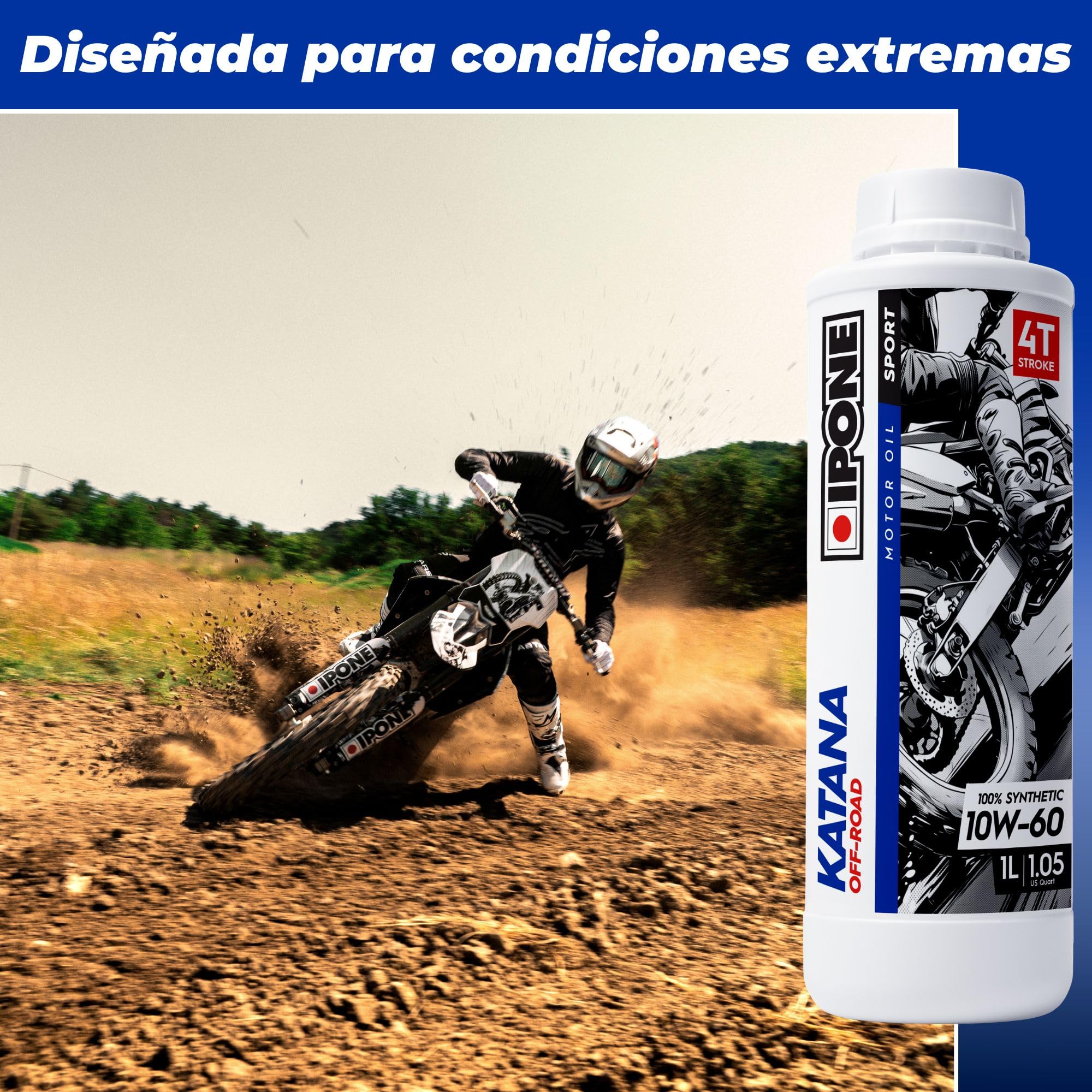 IPONE - Aceite Motor Moto 4 Tiempos 10W60 Katana Off Road - Lubricante 100 % Sintético con Ésteres - Subidas de Régimen más Patentes - Cambio de Marcha Rápido y Preciso - Envase 4 Litro