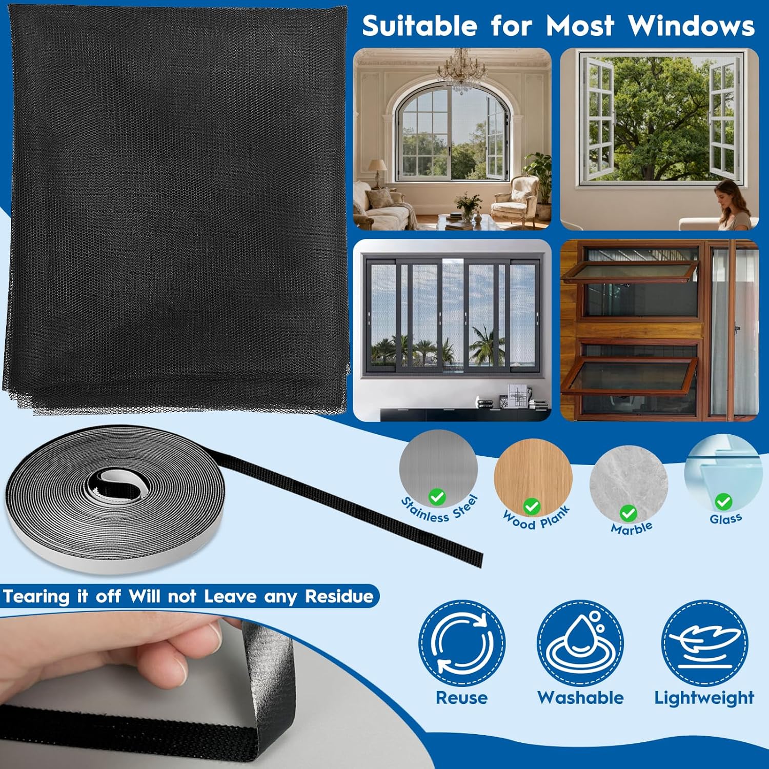Pack of 2 Fly Screen Window 1.3 x 1.5 m, Insect Protection Window Can Be Cut to Size, Fly Screen Window Mesh Fabric, Fly Screen Window No Drilling, with Fastener and Mesh Press Device