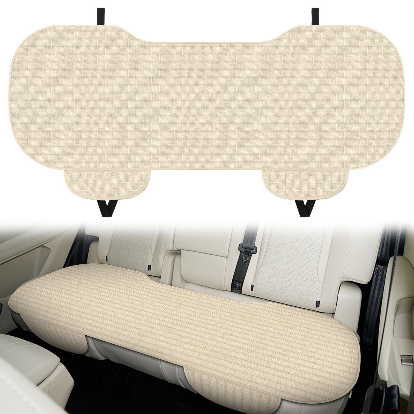 Rear Car Seat Cover,Anti-Slip & Wear-resist Car Seat Bottom Cushion,Comfortable & Breathable Linen Seats Protector with Storage Pockets,Universal Auto Seats Pad for SUVs,Cars,Pickups,Vans (Beige)