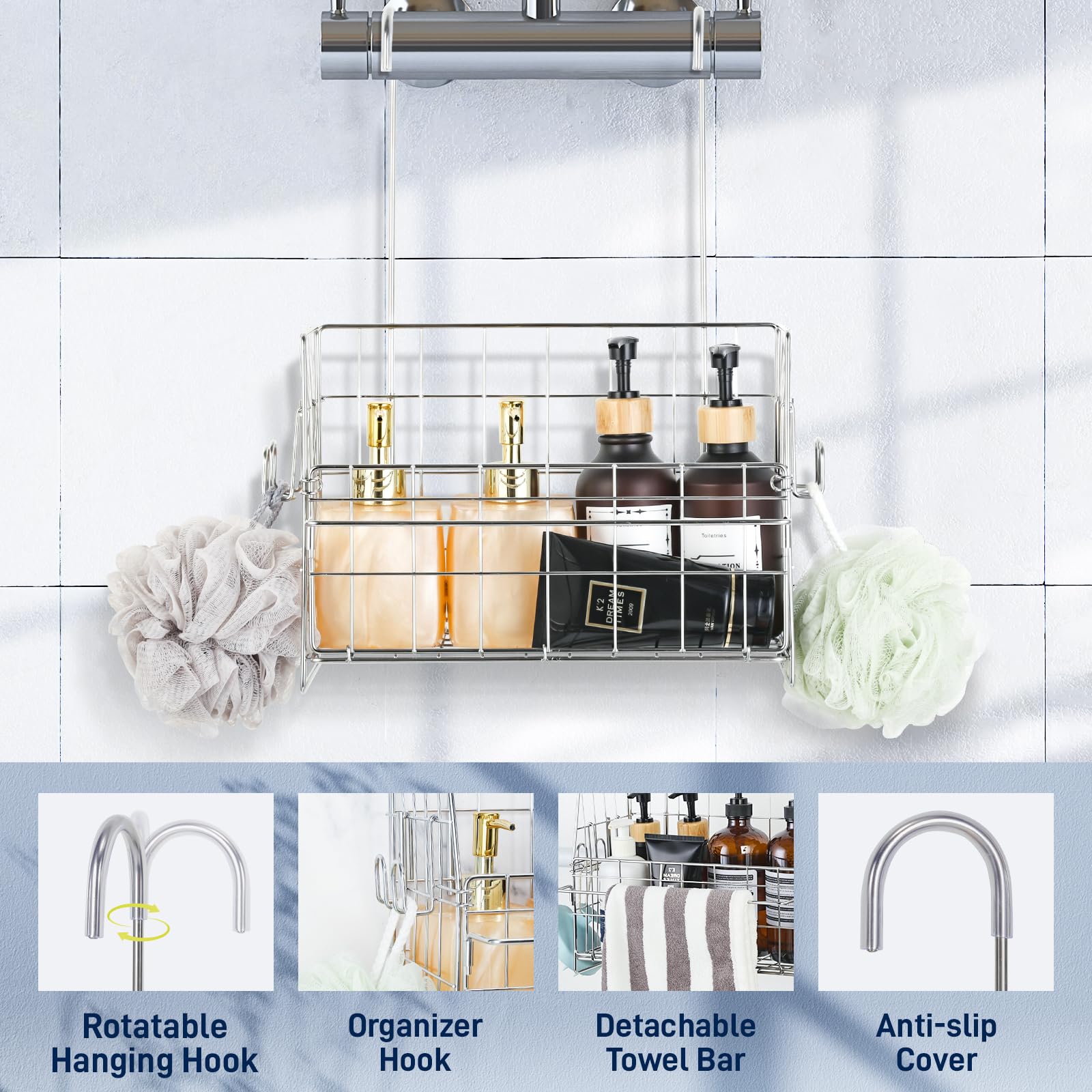 SUTINE Organizador de ducha colgante, organizador de ducha colgante para baño, estante de almacenamiento de ducha con ganchos sobre la puerta, estante de cesta de ducha de acero inoxidable 304 para