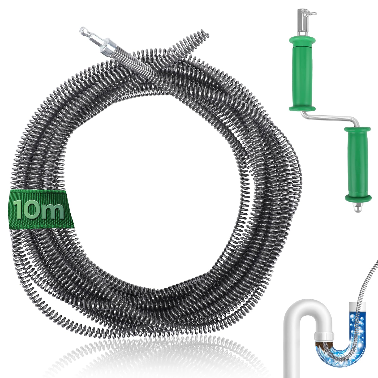 Furet Deboucheur Canalisation 10 m, ø10mm Spirale de Nettoyage de Canalisations avec Adaptateurs Électriques et Manuels Professionnel Tige de Nettoyage Tuyaux Débouchage WC Toilette Sonde Debouchage