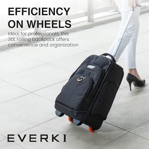 EVERKI Atlas Wheeled 30L Laptop Backpack - Rolling Backpack for Men & Women, Carry-On Travel Roller Backpack for Laptops, Fits 13 to 17.3 Inches with Adjustable Compartment for Business & Work - Black