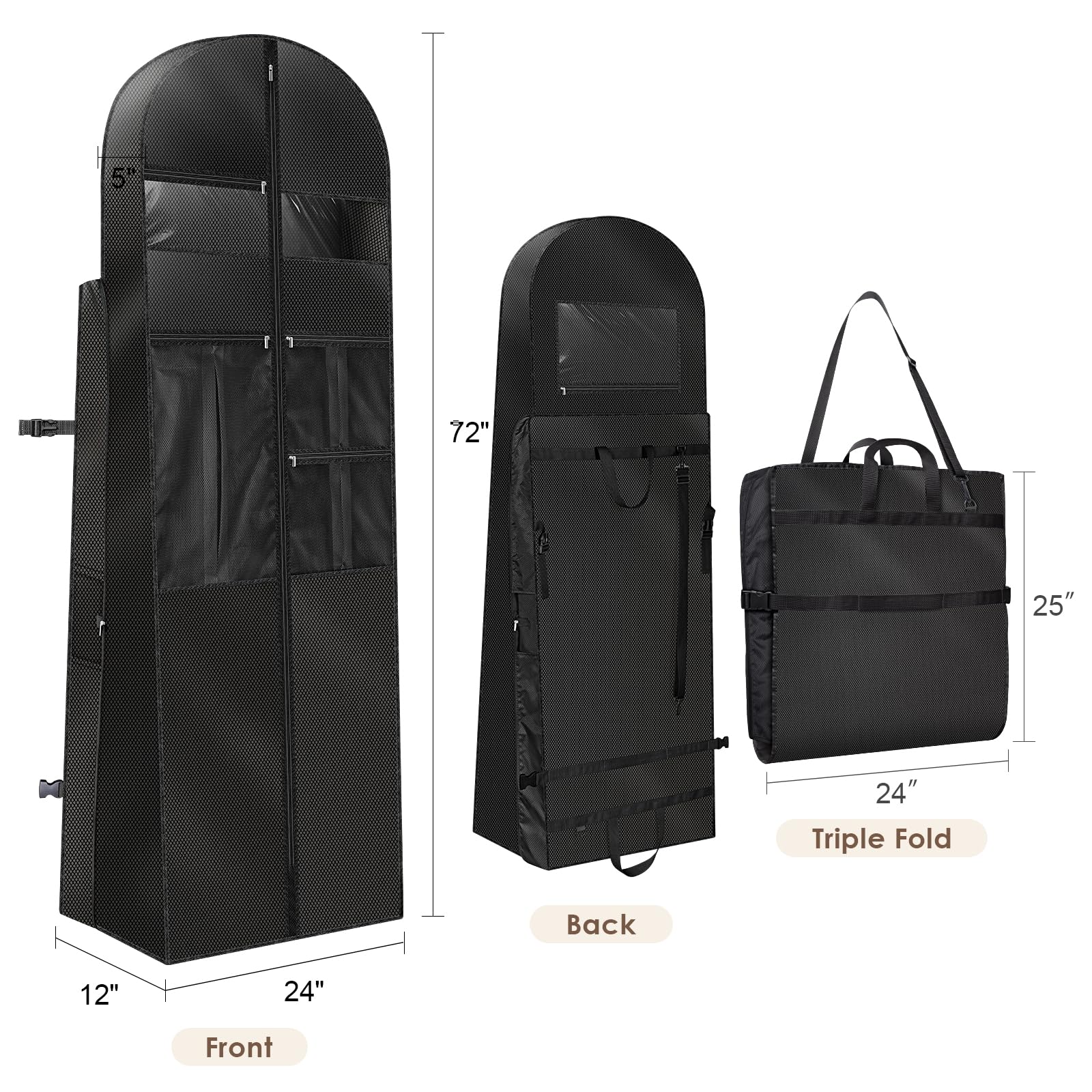KEEGH Kleidersack Lang 182 x 60 x 30 cm Faltbare Kleidersäcke mit Griffen & Großen Netztaschen Atmungsaktive Oxford Kleidersack für Brautkleid, Ballkleid, Mäntel für Reise & Aufbewahrung, Schwarz
