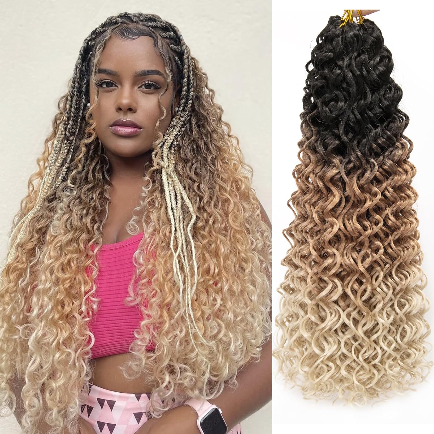 8 Packs Curly Crochet Hair GoGo Curl Crochet hair for Black Women Deep Wave Braiding hair,Synthetic Bohemian Crochet Braid Water Wave Crochet hair Extensions (1B, 24inch)