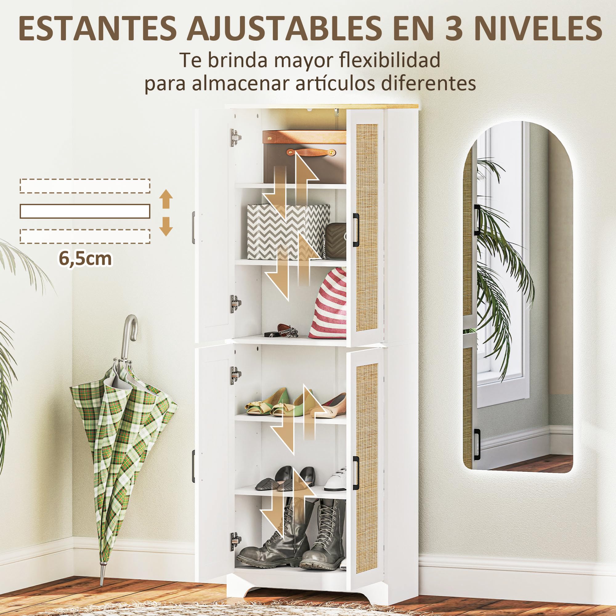 HOMCOM Alacena de Cocina con Estantes Ajustables 60x30x170 cm Blanco | Aparador de Cocina, Puertas de Ratán, Sistema Antivuelco