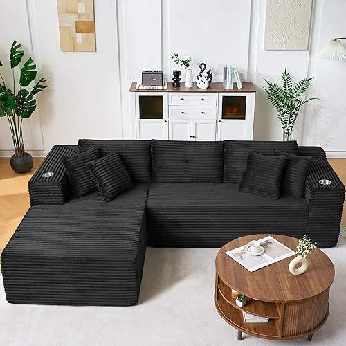 105 Inch Cloud Sectional Couch Modern Modular Sectional Sofa with Deep Seat - L Shaped Comfy 3 Seater Sectional Couches for Living Room with Cup Holders, Fits Living Room & Bedroom, Black