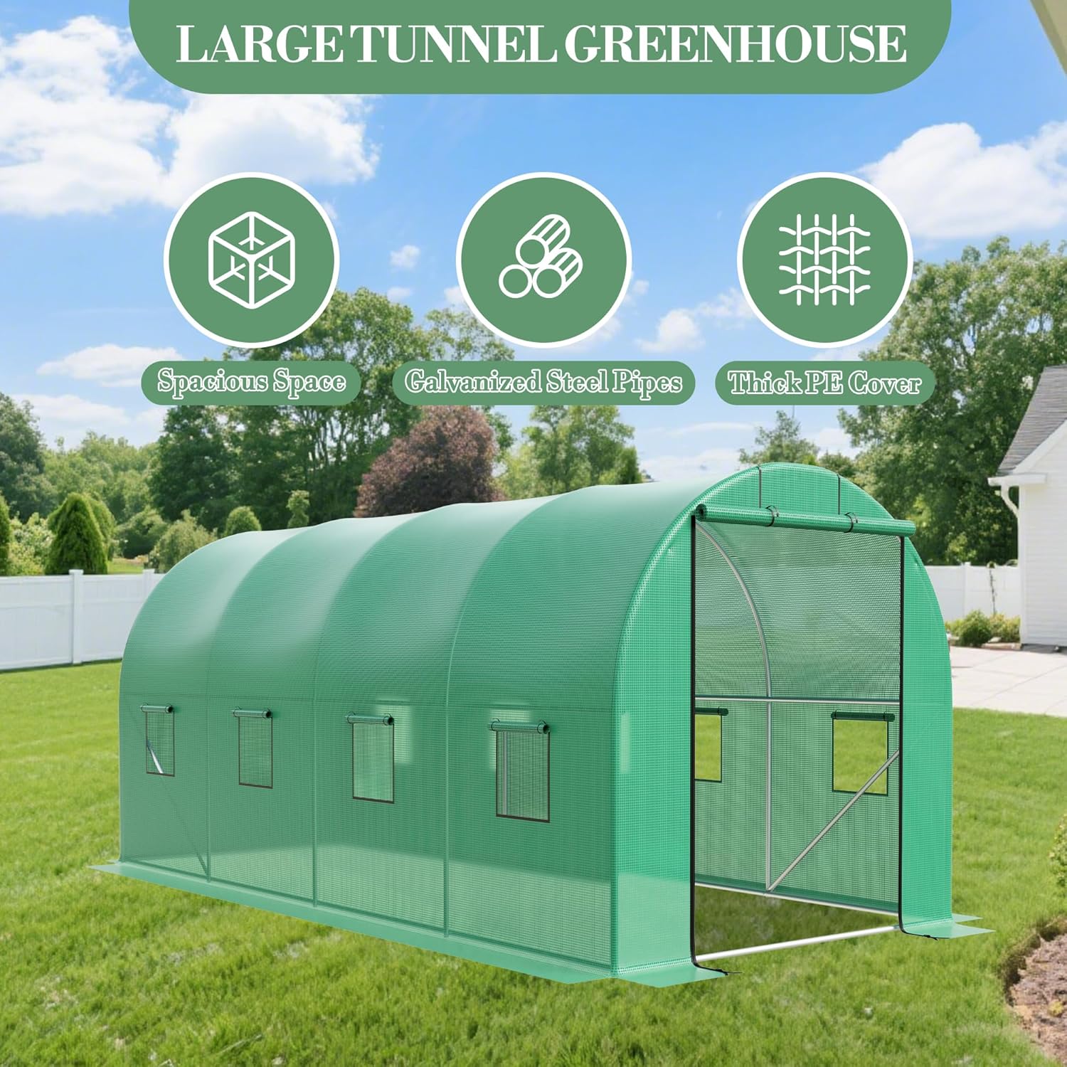 15x7x7 ft Walk-in Greenhouse for Outside - Heavy Duty Galvanized Steel Hoop House with PE Cover, 8 Windows & Roll-Up Door - Outdoor Plant Tunnel for Gardening, Vegetables & Year-Round Growing