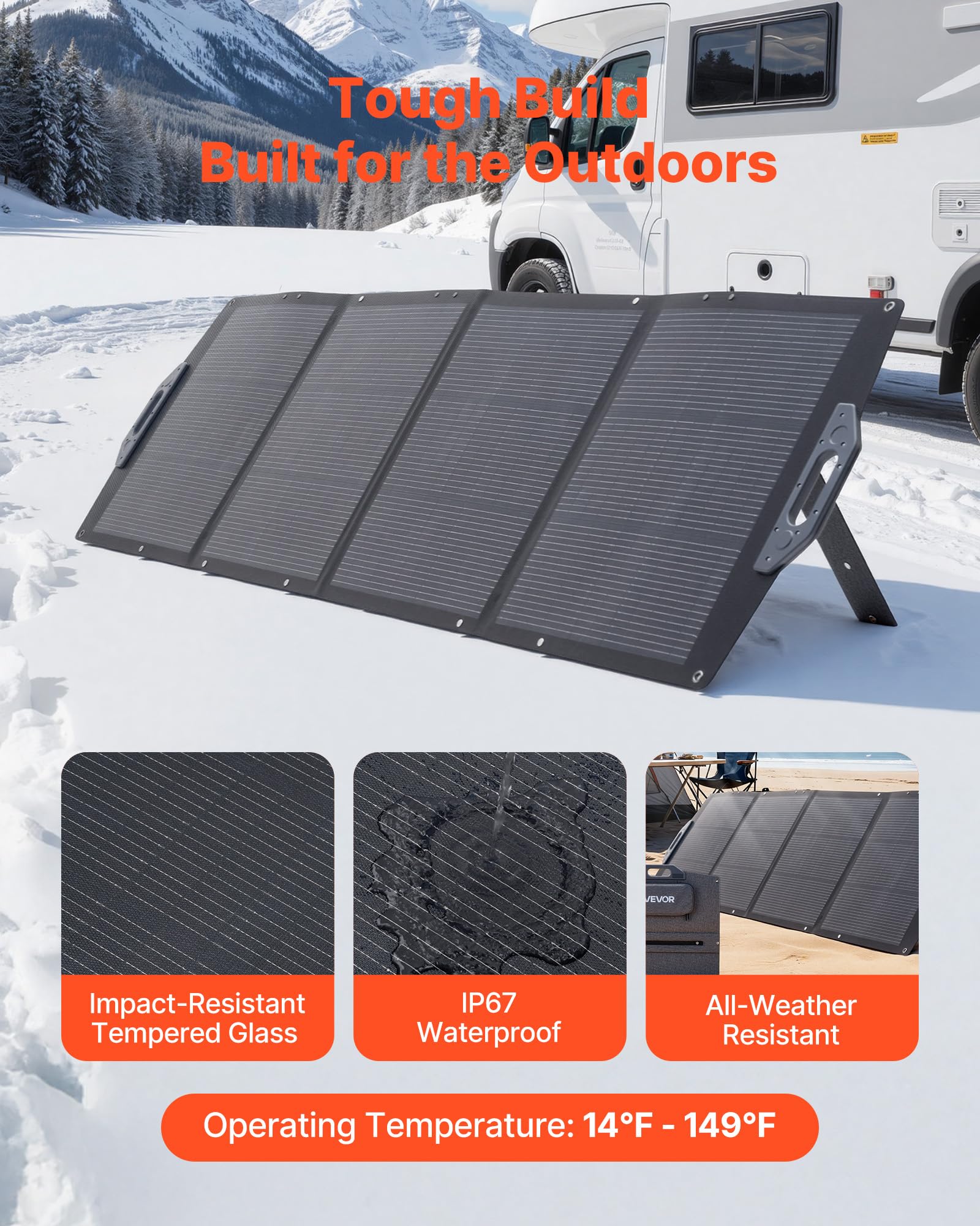 VEVOR Placa Solar Plegable 200 W, Panel Solar Monocristalino Portátil, Alta Eficiencia 24%, con Puertos USB MC4 DC, Impermeable IP67, Cargador para Viajes Acampadas Autocaravanas Estaciones de Energía