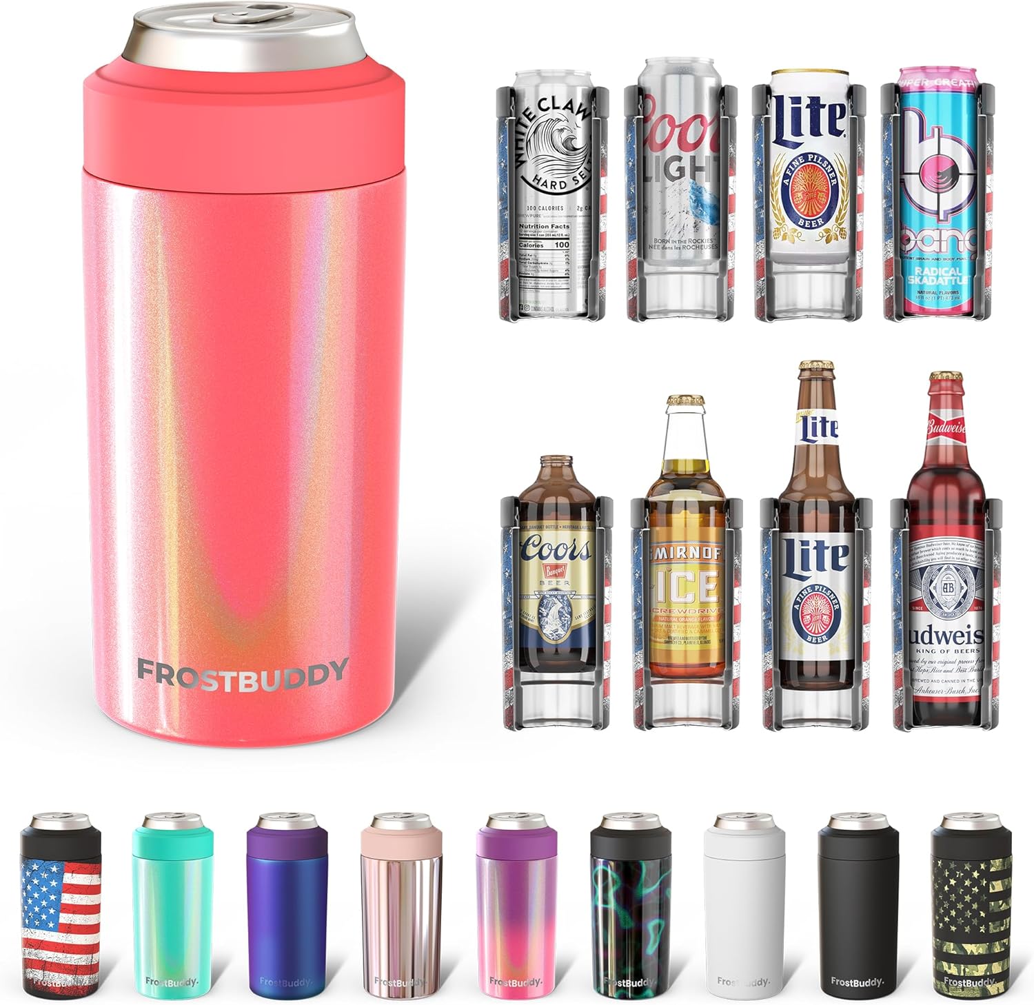 Frost Buddy Universal Can Cooler - Fits all - Stainless Steel Can Cooler for 12 oz & 16 oz Regular or Slim Cans & Bottles - Stainless Steel
