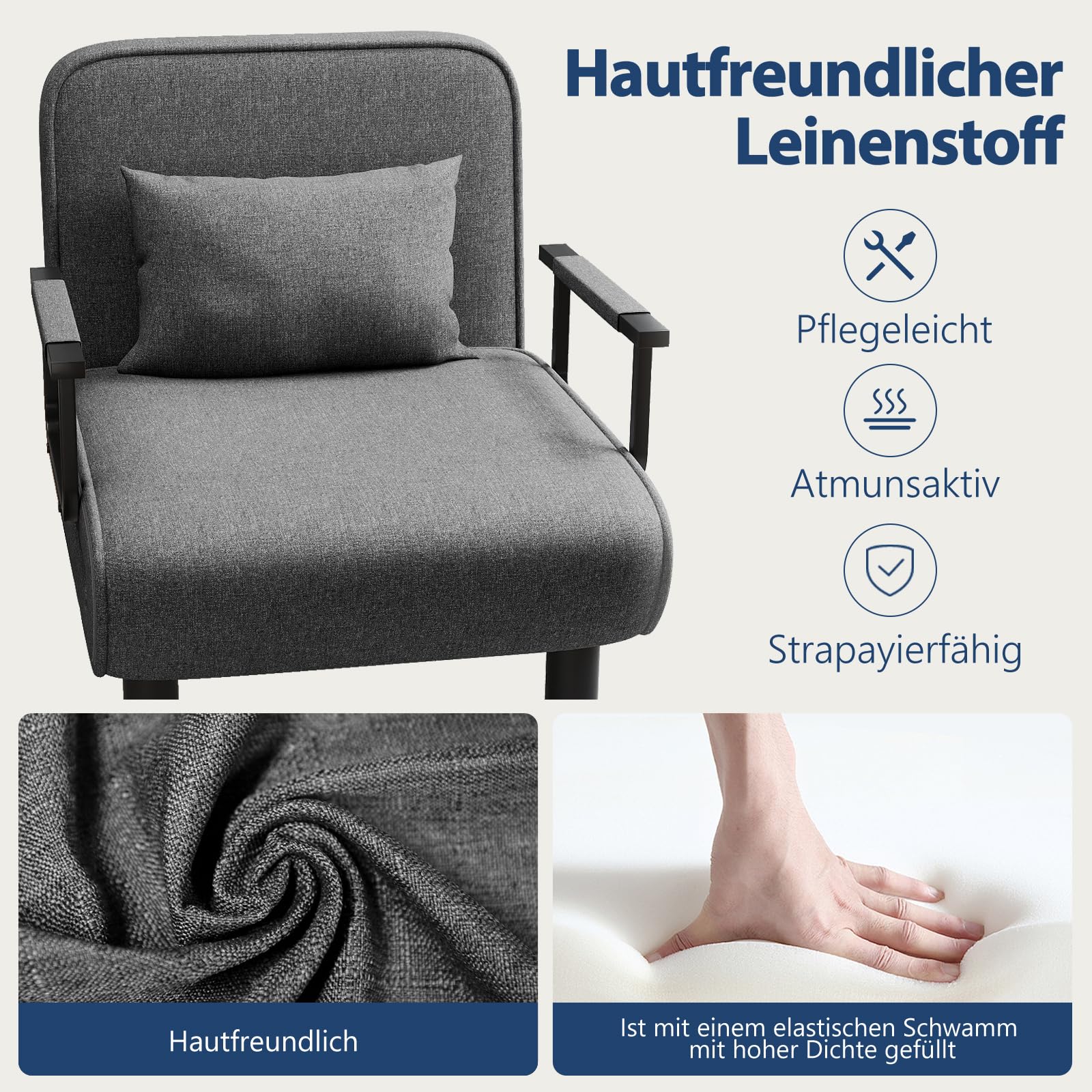 Schlafsessel 4 in 1 mit Bettfunktion, Gästebettfür, Schlafsofa mit Bettfunktion, Sessel mit Schlaffunktion mit Verstellbar Rückenlehne für Schlafzimmer Wohnzimmer Balkon, Dunkelgrau