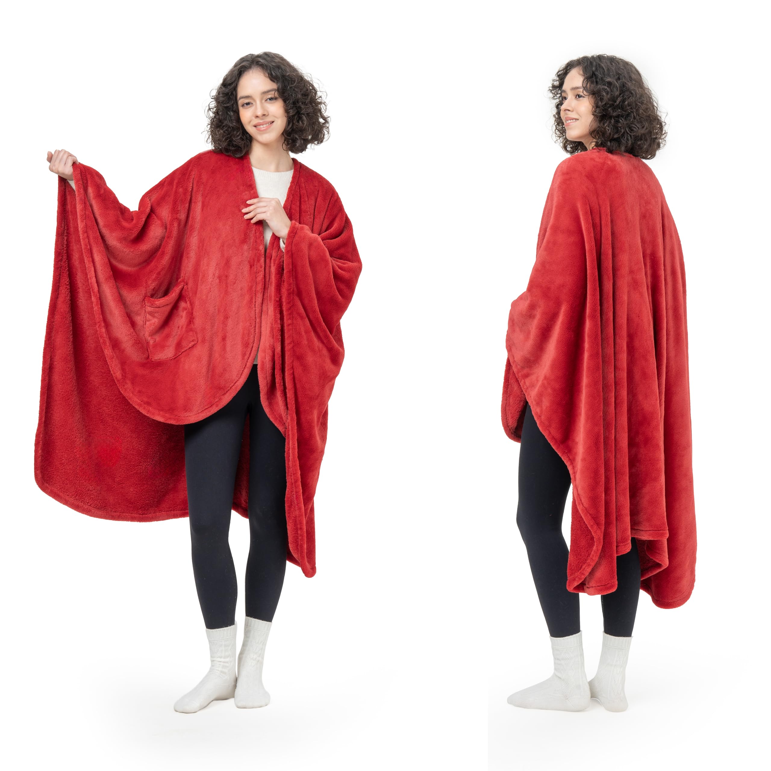 Berkshire Blanket Primalush™ Wearable Blanket, Cozy Loungewear Pocketed Plush Cape Wrap for Adults & Teens(Chili, One Size 58"X64")