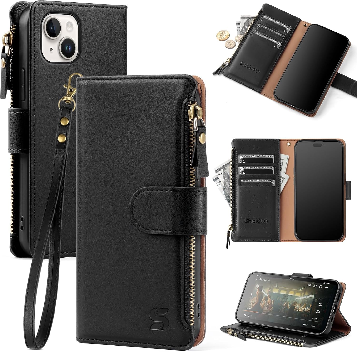 Compatible with iPhone 14 Wallet Case with Card Holder,Women Men RFID Blocking PU Leather Flip Cover Wrist Strap Zipper Credit Card Slots,Phone Case for Apple 14 6.1",Black