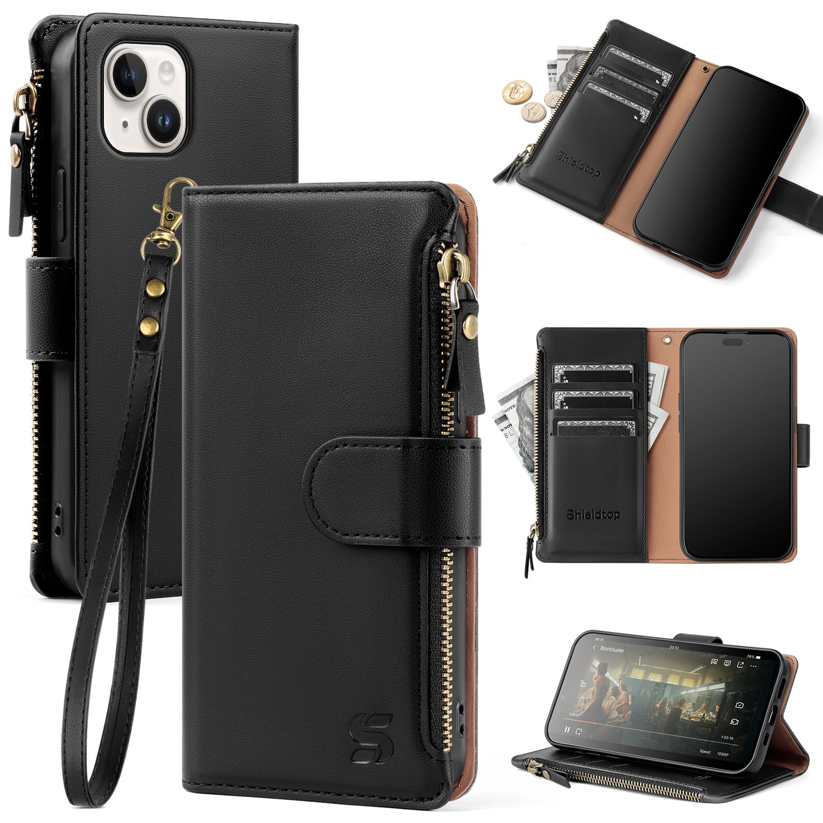 Shieldtop Compatible with iPhone 14 Plus Wallet Case with Card Holder,Women Men RFID Blocking PU Leather Flip Cover Wrist Strap Zipper Credit Card