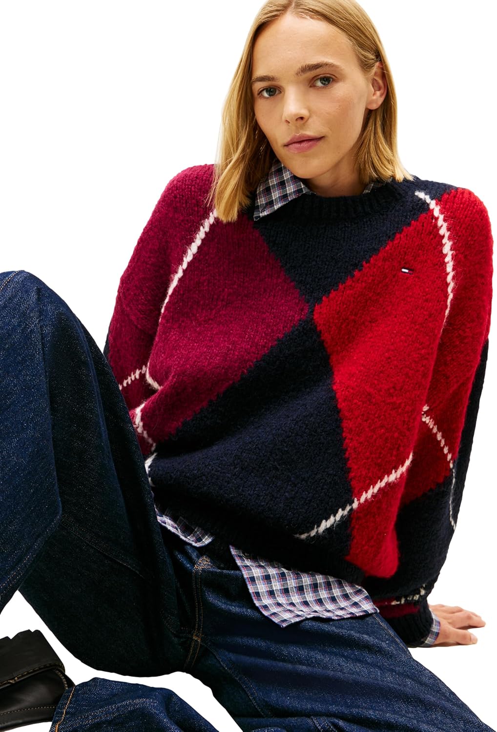 Tommy Jeans Womens Long Sleeve Argyle Pullover Crewneck Sweater with Embroidered Logo - Image 2