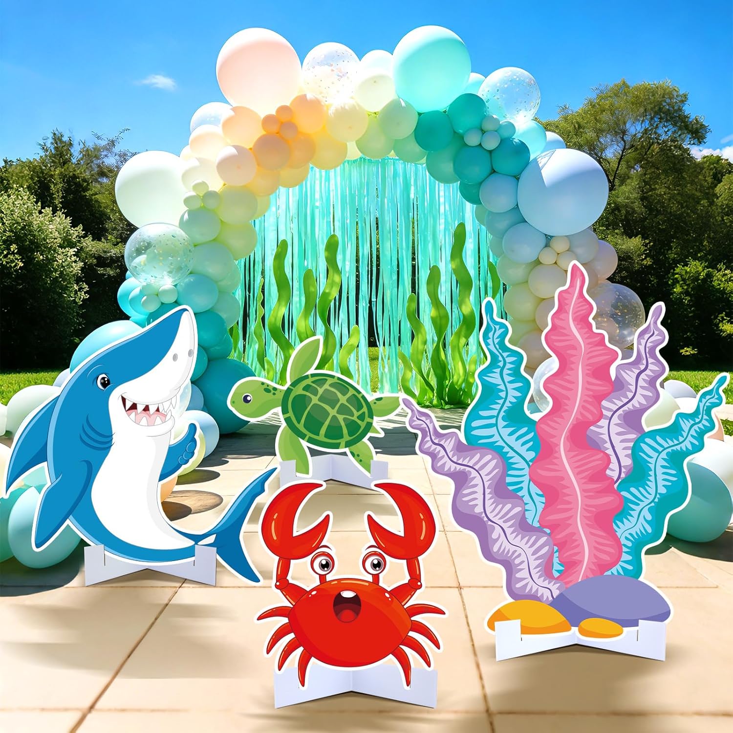 4pcs Large Under the Sea Animals Party Decorations Cardboard Cutout Standup Ocean Themed Animal Decor Shark Coral Crab Turtle Cardboard Cutouts for Ocean Birthday Sea Creatures Supplies Photo Props