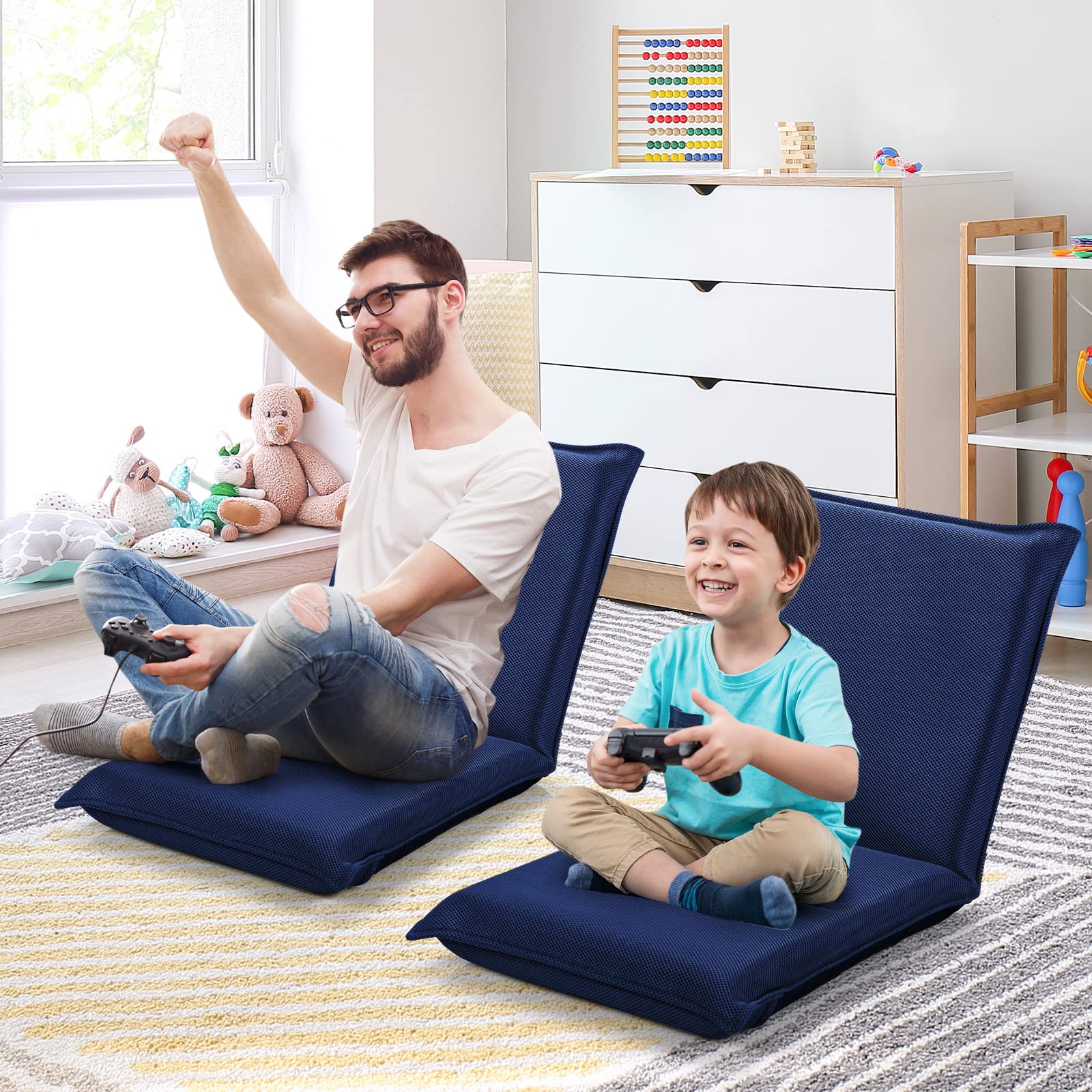 RELAX4LIFE Chaise de Sol Pliante avec Dossier Réglable en 6 Position, Tatami pour Lire & Jouer & Méditer dans Salon, Chambre, Bureau, (52-98) x44x(47-7) cm (Bleu foncé)