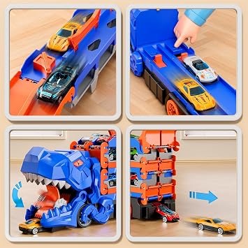 Dinosaur Toys with 12 Die-Cast Cars for 2 3 4 5 Year Old Boys Girls, Race Track Truck Carrier, 59-Inches Foldable Transporter Toy Set, Kids Birthday for Boys Age 3-6 (Blue)