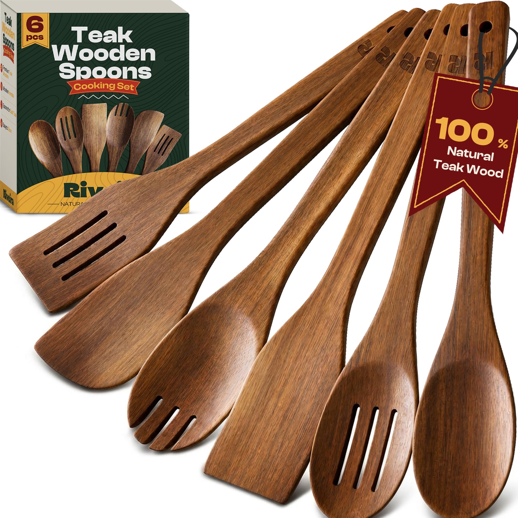 Riveira Juego de 6 cucharas de madera de teca para cocinar, utensilios de cocina de madera de teca natural, espátula de madera, cuchara de madera, juego de utensilios de madera de alta calidad para