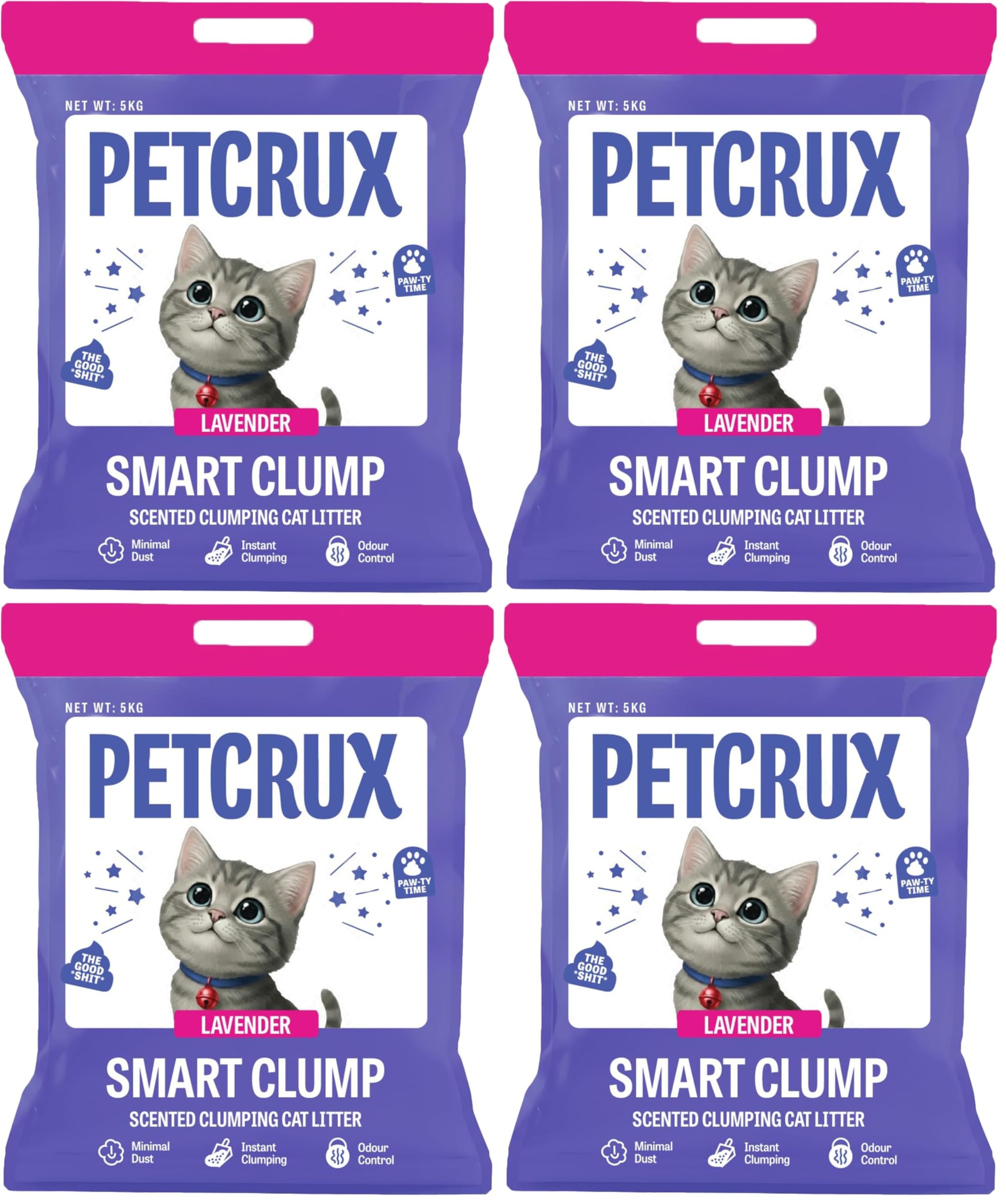 PetCrux Smart Clump Cat Litter 20Kg, 100% Natural Bentonite Odour Lock Lavender Scented Clay, Dust Free, 4 Packs of 5 Kgs (Combo)