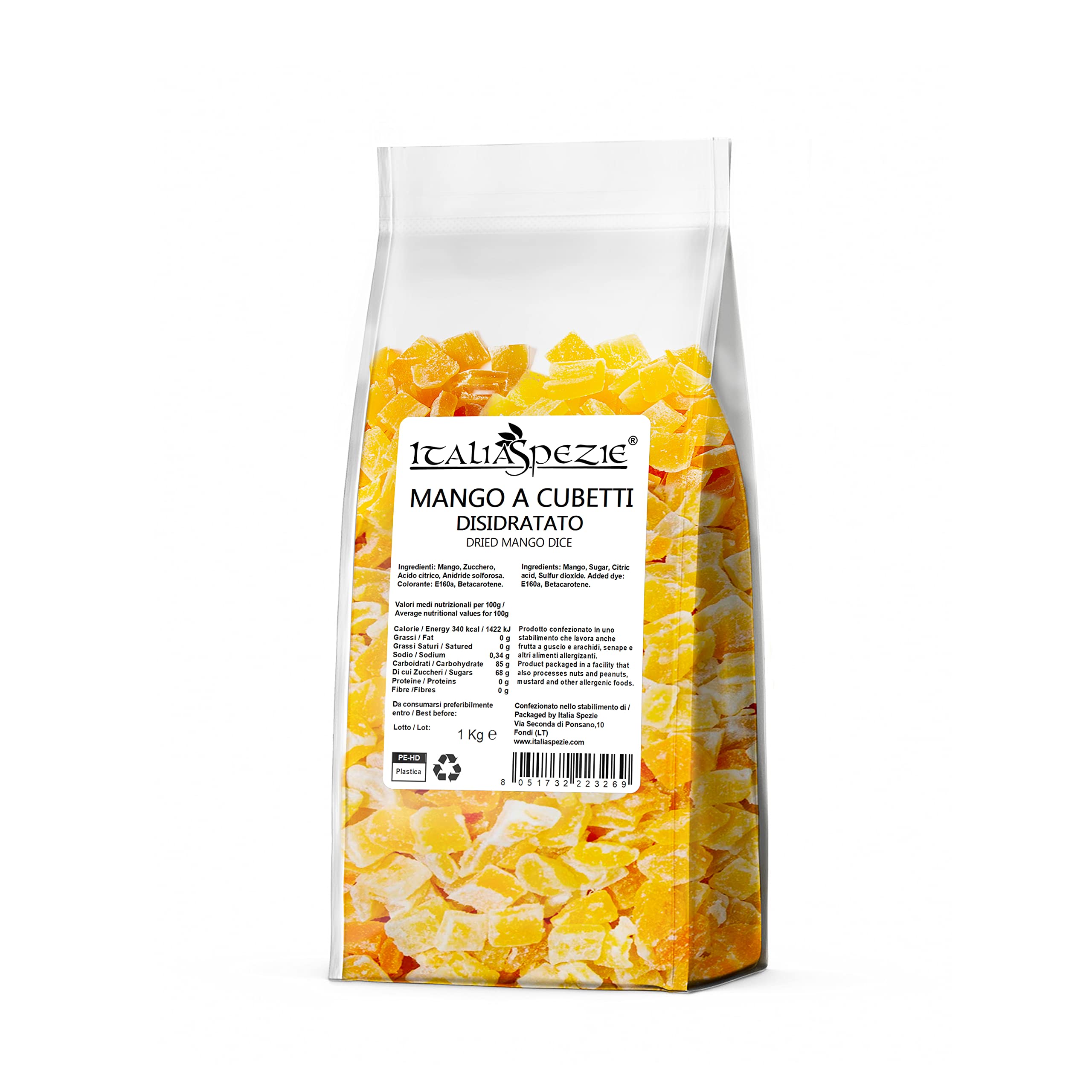 ITALIA SPEZIE - Mango disidratato a cubetti, mango essiccato, snack, muesli, Frutta Essiccata, Frutta Esotica Disidratata, Snack Sano