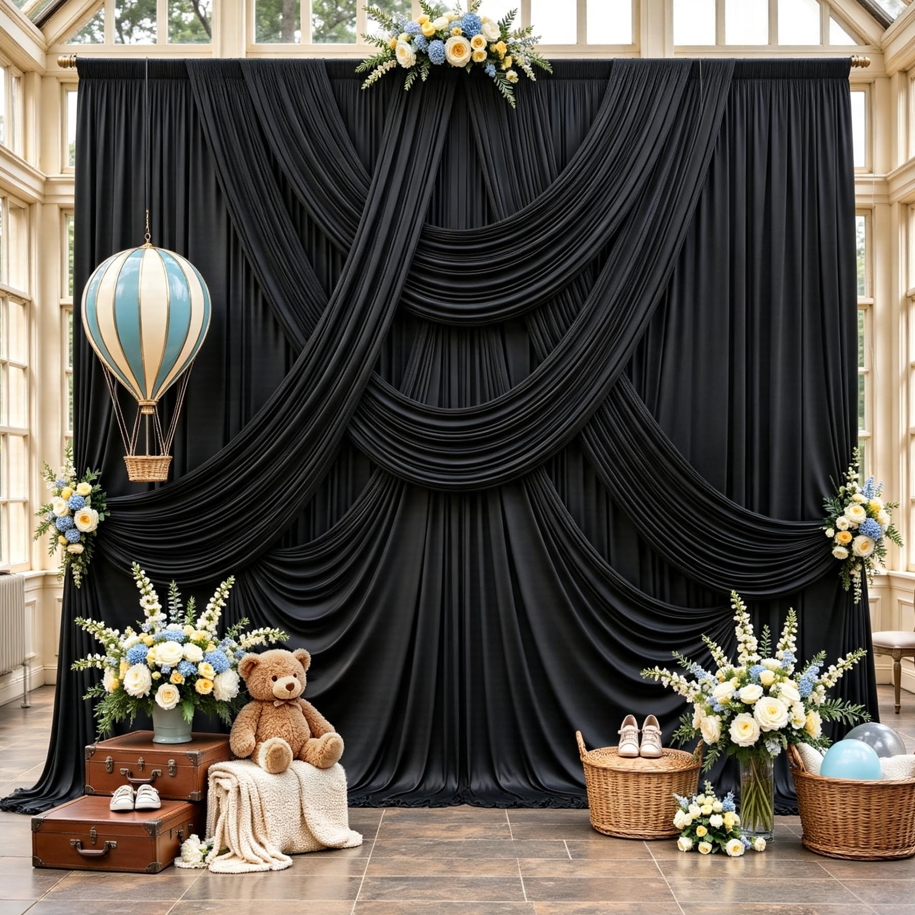 View 1 of 10ft x 8ft Black Backdrop Curtains, Wrinkle Free Fabric Drapes for Backdrop, Black Photo Backdrop Drapes for Wedding, Bridal Shower, Baby Shower & Birthday Photography