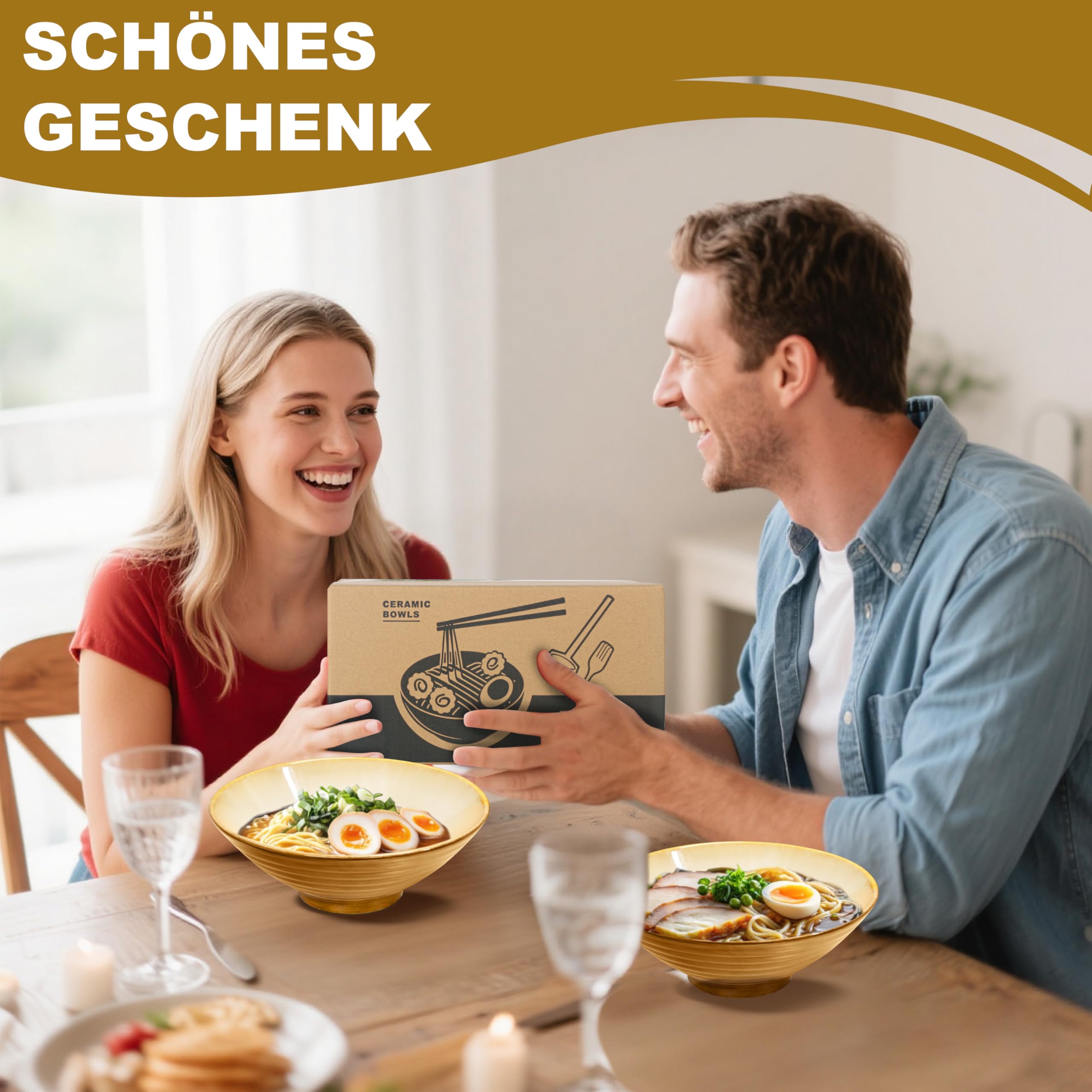 9.4 Zoll 4 Set Keramik Ramen Schüssel(16 Teilig) - Japanisches Porzellan Spülmaschinenfest Geschirr mit Gabel Essstäbchen Löffel für Nudeln Suppen Getreide Salate Mann Frau Geschenke für neuen Häusern