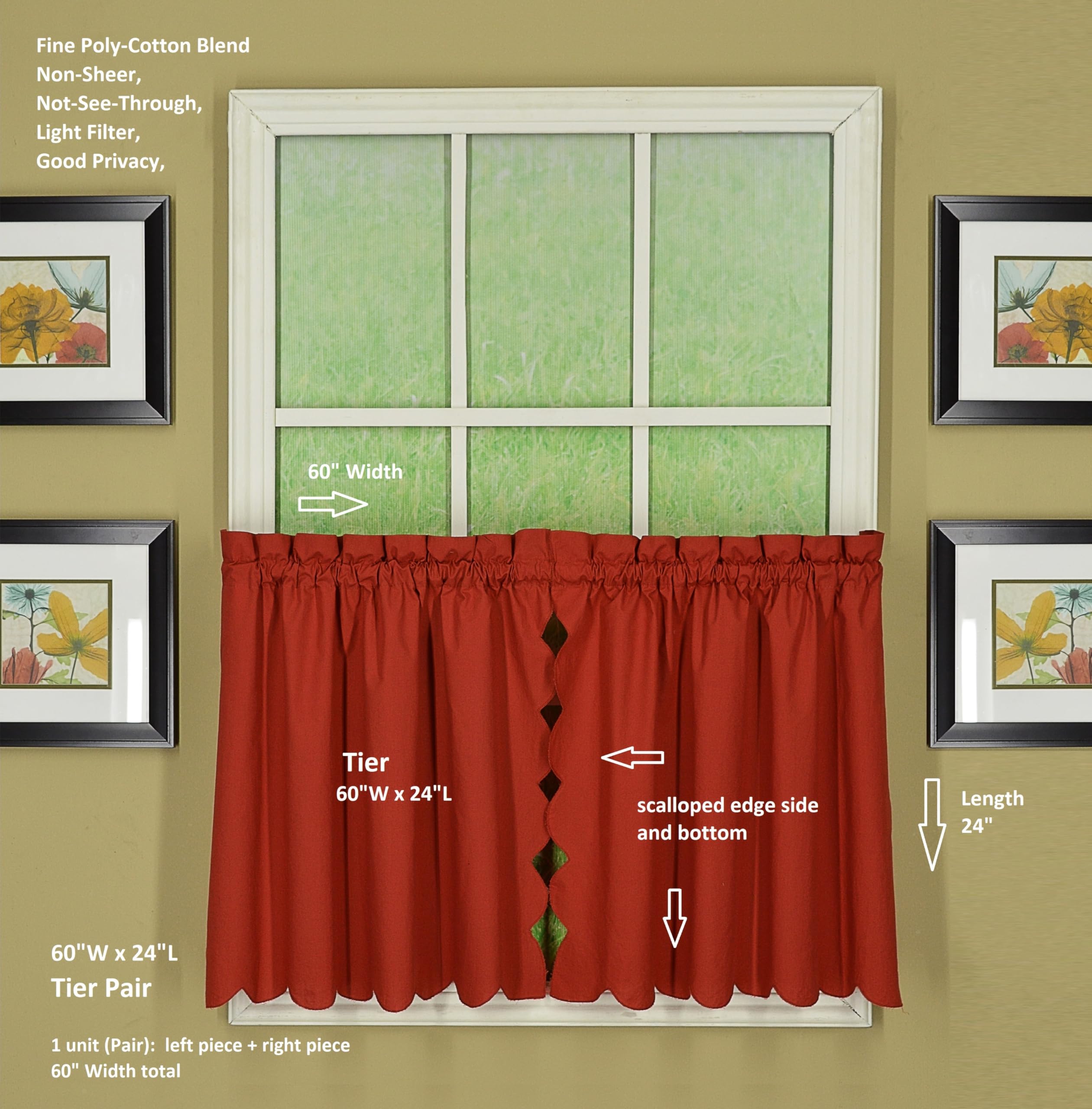 Today's Curtain Orleans 24" Tier Pair Tambour Scallop Edge Curtain, Brick Red, 60" W x L (Pack of 1), W 24" x L 60" (1 Panels) - Image 2