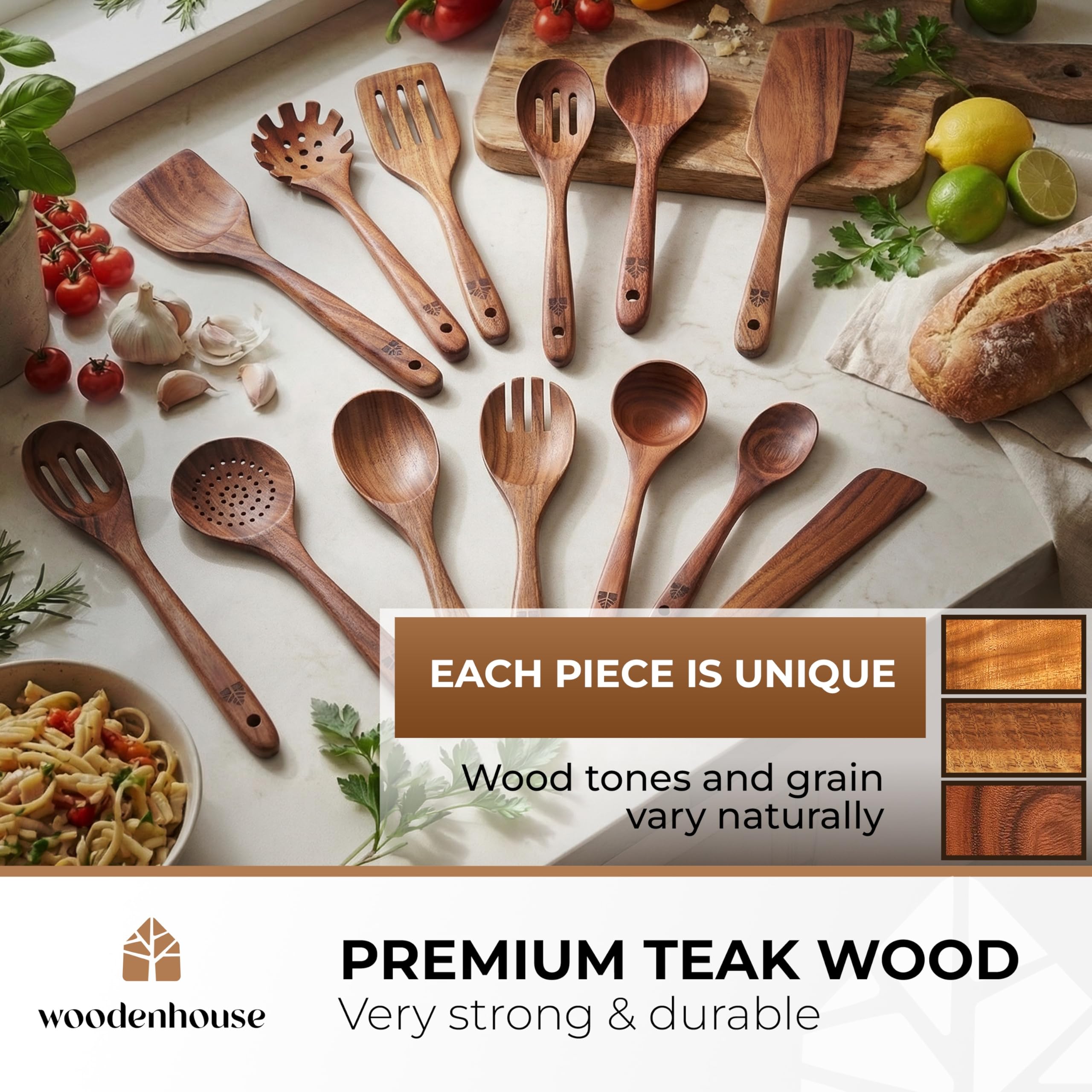 Kochlöffel-Set aus Holz – 13-teilig, Premium-Qualität aus Teakholz – Langlebig, antihaftbeschichtet, leicht zu reinigen und hitzebeständig. Ergonomische Griffe.