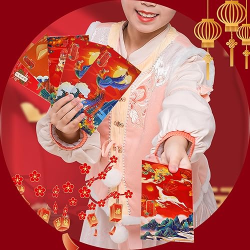 Vista 8 de 12 sobres rojos con elementos chinos, tarjetas de agradecimiento, sobres de efectivo, sobres de regalo de dinero de la suerte, paquete rojo