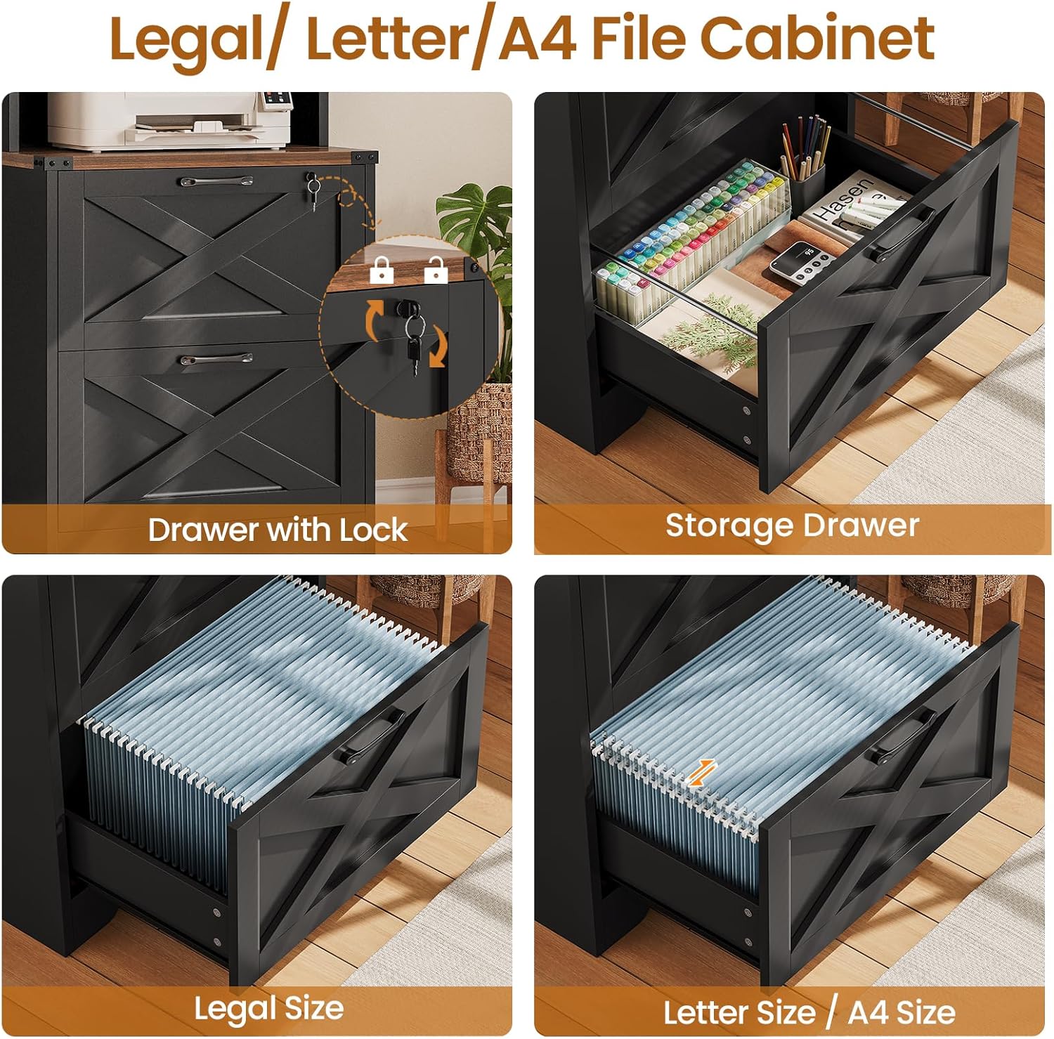 SEDETA 2 Drawer File Cabinet with Lock, Wood Filing Cabinet fits Letter, Legal, A4 Size, Hanging File Folders, Farmhouse File Cabinets for Home Office with Adjustable Storage Shelf (Black)