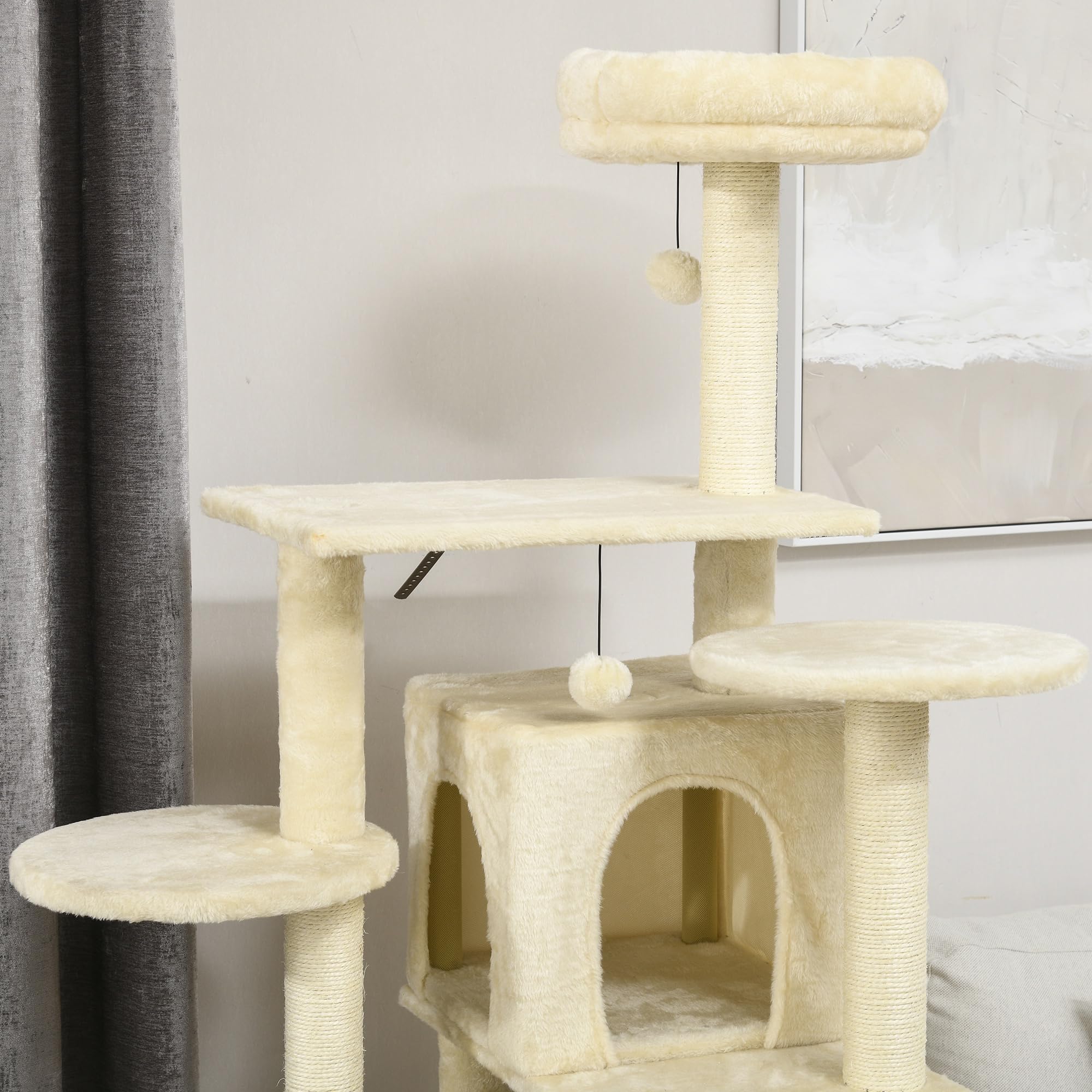 PawHut Albero per gatti albero di arrampicata albero tiragraffi torre gioco altezza 171 cm centro attività con 2 nicchie 6 piattaforme 2 pompons appesi beige