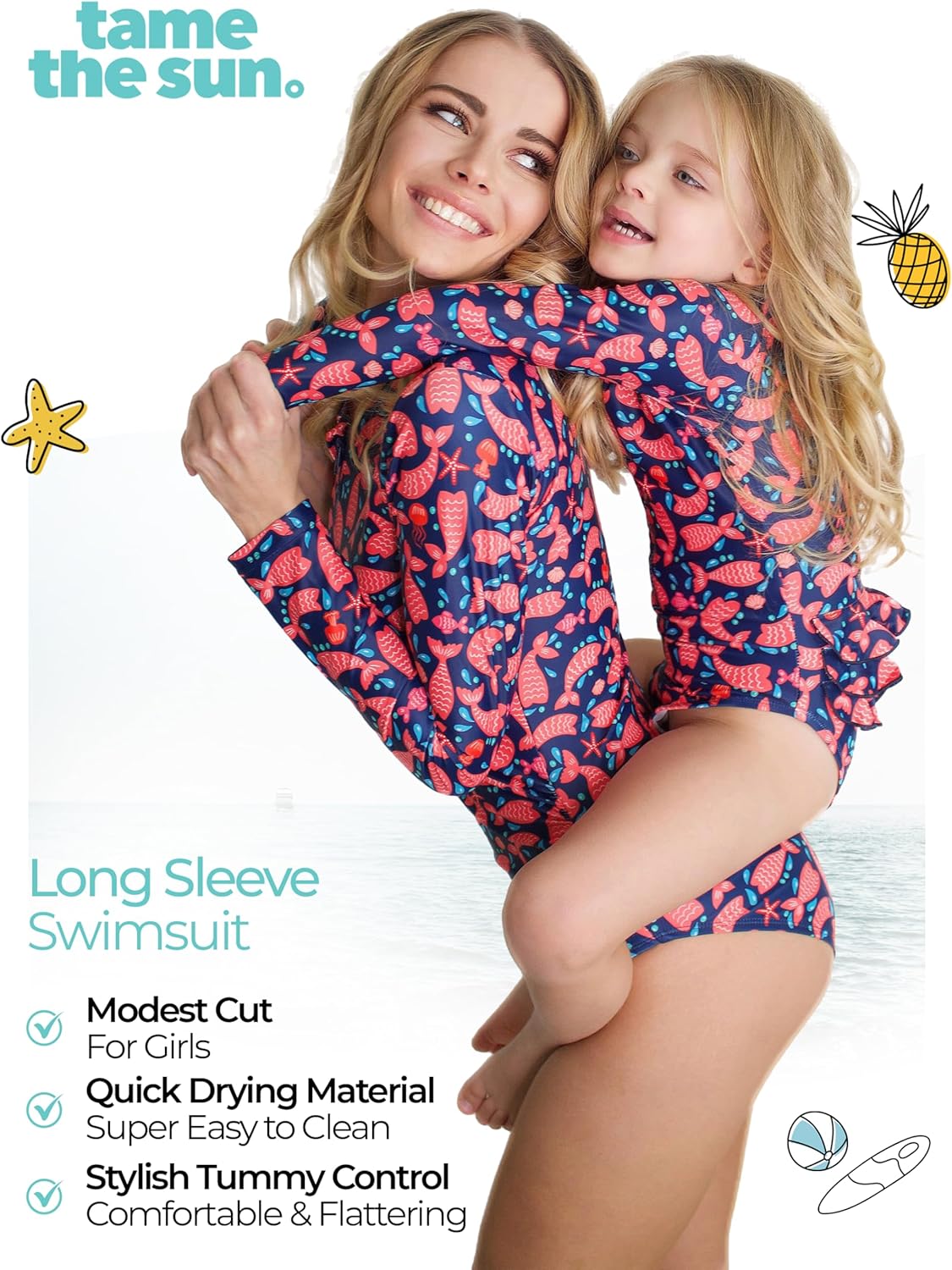 Tame the Sun Long Sleeve Girls' Swimsuit - Rash Guard with Frills, UPF 50+ Zipper Swimwear - Bathing Suit for Ages 3-12 - Image 4