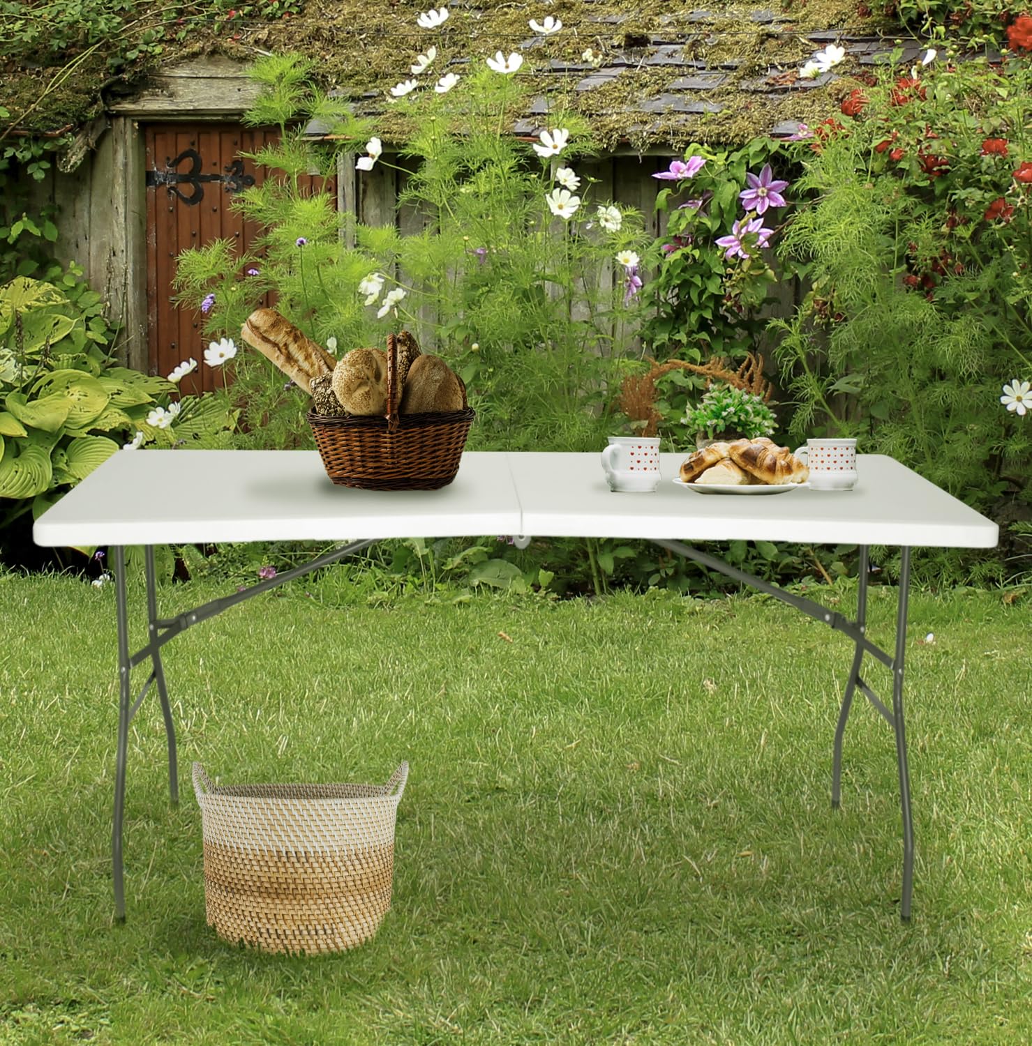 The Homeweeks Tavolo pieghevole Solid 152 cm portatile Normativa Uso pubblico Interno/Esterno (EN 581-1/3) Piano Resina HDPE 3,5 cm Capacità 6 persone e carico 150 kg. Multiuso.