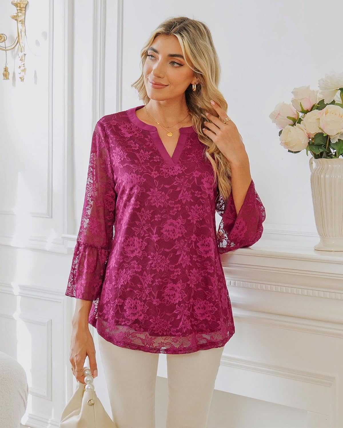 Timeson Women's 3/4 Sleeve Tops and Blouses V Neck Business Casual Shirts Dressy Tunics - Image 5