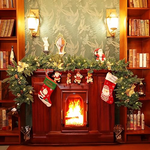 Miniatura 3 de Guirnalda de Navidad de 9 pies, 300 ramas, 60 luces LED, DALLIWOW preiluminadas, guirnaldas de Navidad con luces, bola de flores de pino dorado para