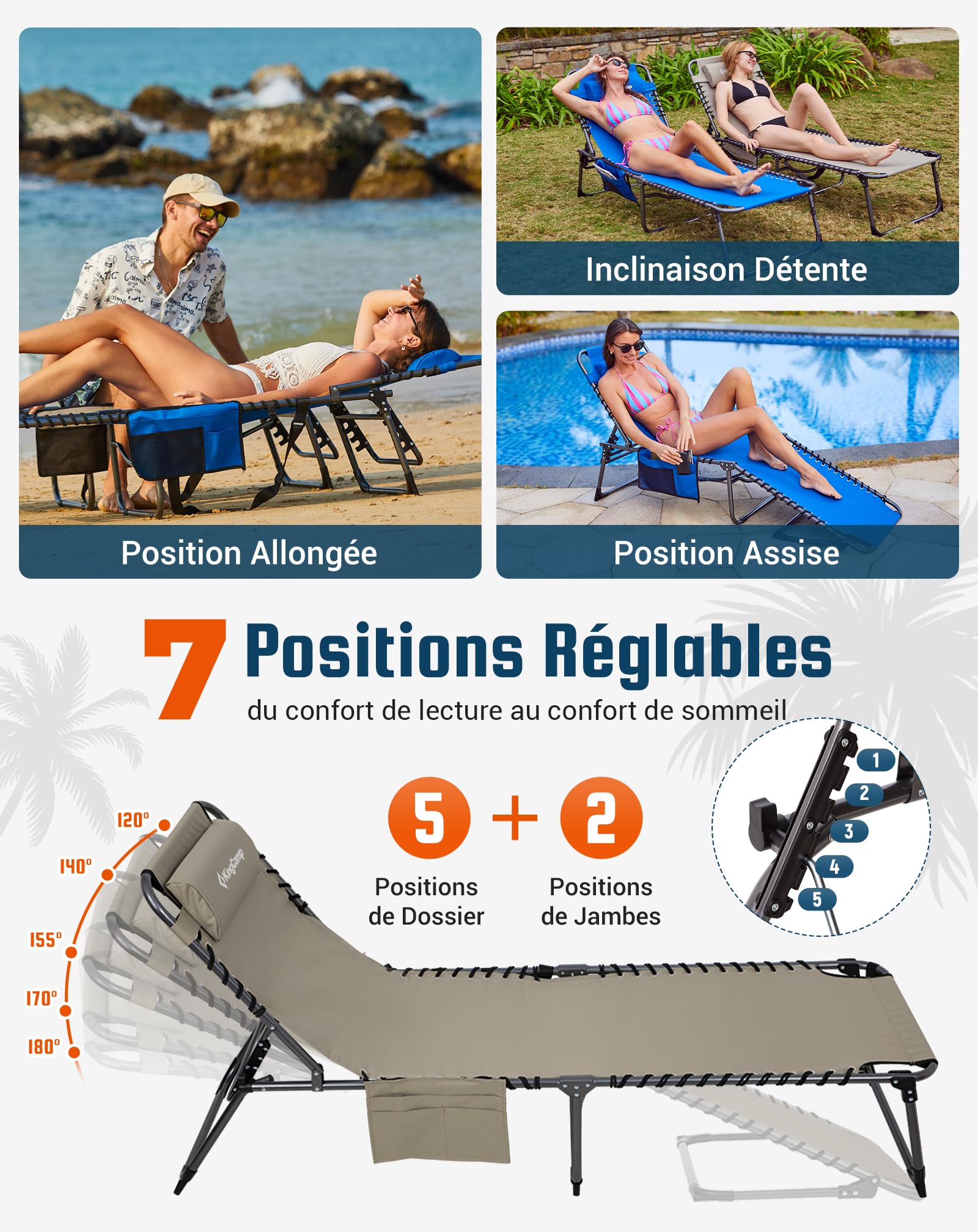 KingCamp Bain de Soleil Pliant 5 Positions Réglable Jusqu'à 180 kg, Beige | Chaise Longue Inclinable Pliable pour Jardin, Anti-Pincement Appuie-Tête Poche, Transat de Relaxation Pliant, Plage Camping