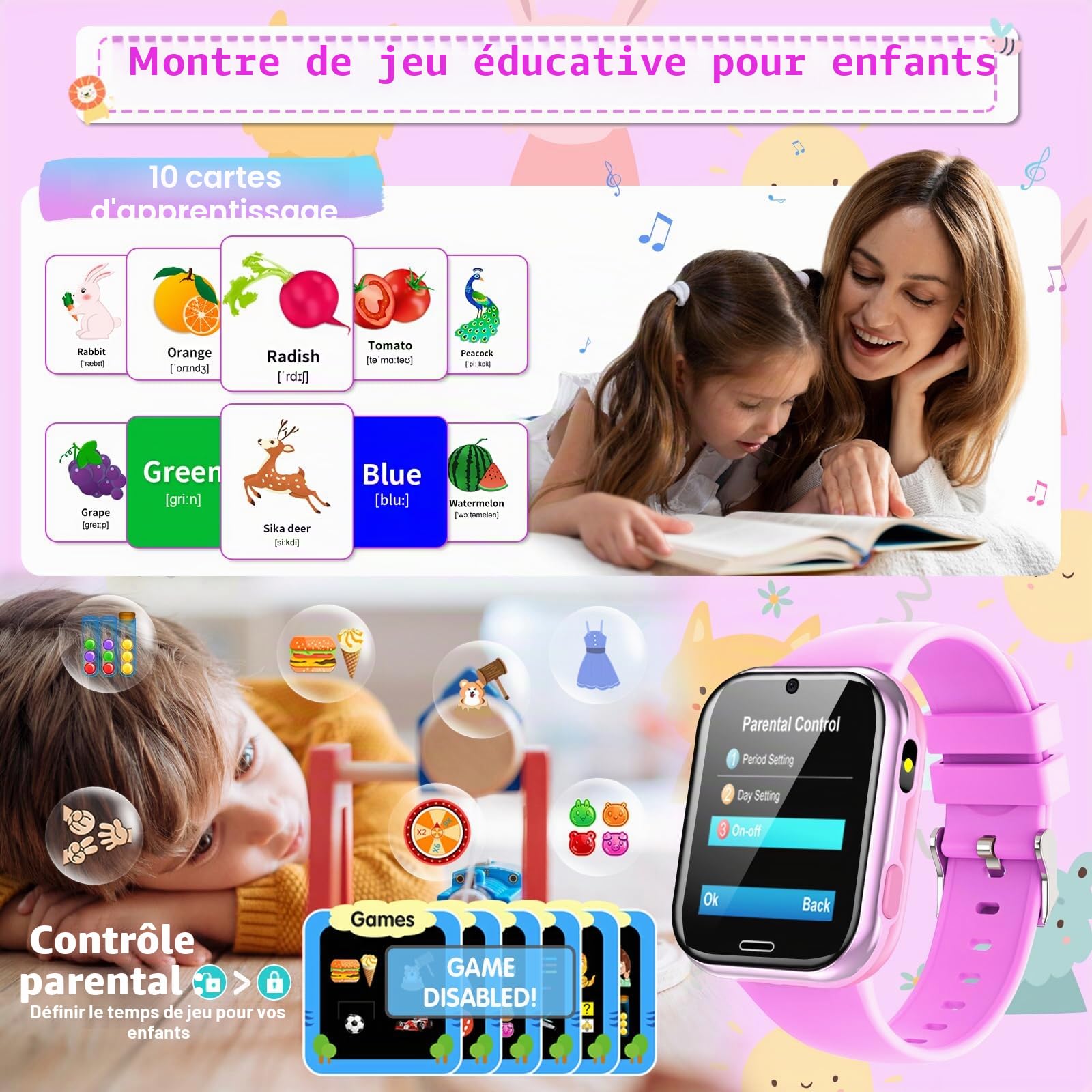 Montre Connectée Enfant 19 Jeux- Smartwatch Téléphone pour Fille Garçon avec Appel SOS, Jeux, Pédomètre, Appareil Photo, Musique, Lampe Poche, Montre Intelligente pour Enfants de 3-12 Ans (Violet1)