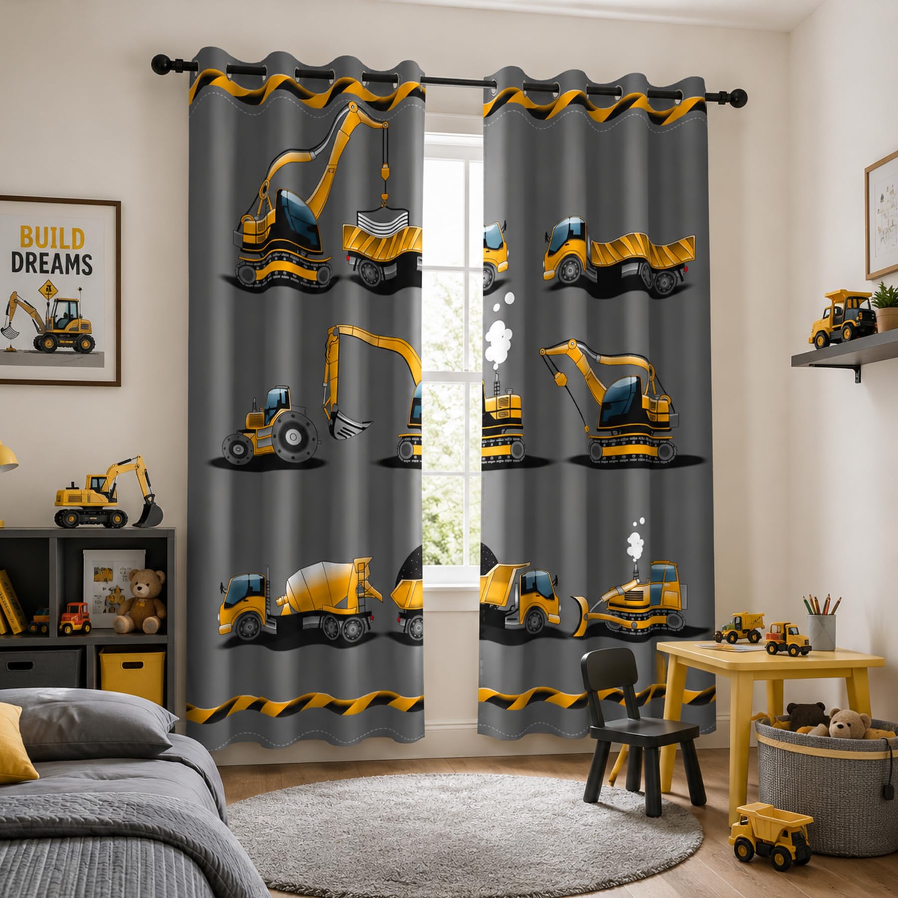 YONGFOTO Rideaux Occultants Camions Chambre d’Enfant Garçon Jaune Chantier | Véhicules Voiture Tracteur Camion Bulldozer Rideaux Thermiques pour Chambre d’Adolescent avec Œillets 2 Panneaux 117 x 138 cm