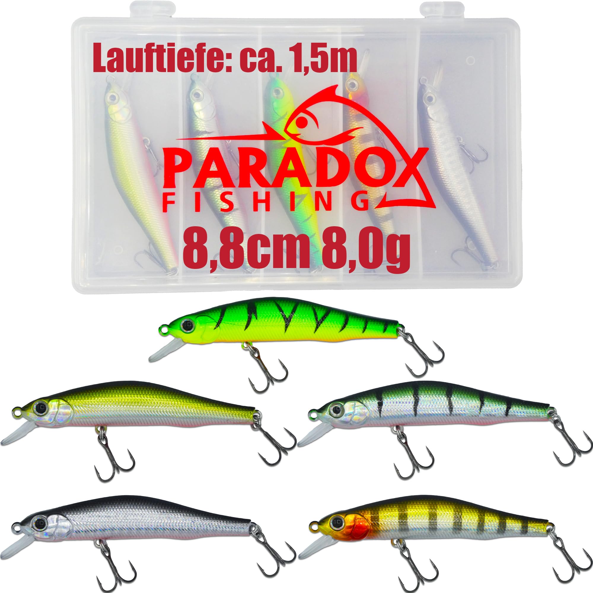 Paradox Fishing Wobler, zestaw 5 sztuk, 8,0 g, 8,8 cm, z pudełkiem na sandacz, okoń
