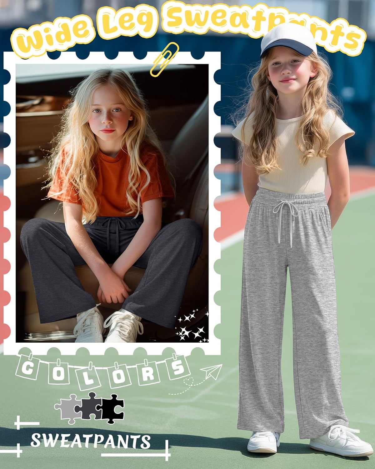 3 Pack Girls' Wide Leg Sweatpants with Pockets Drawstring Baggy Lounge Pants Kids Loose Workout Athletic Soft Pant - Image 3