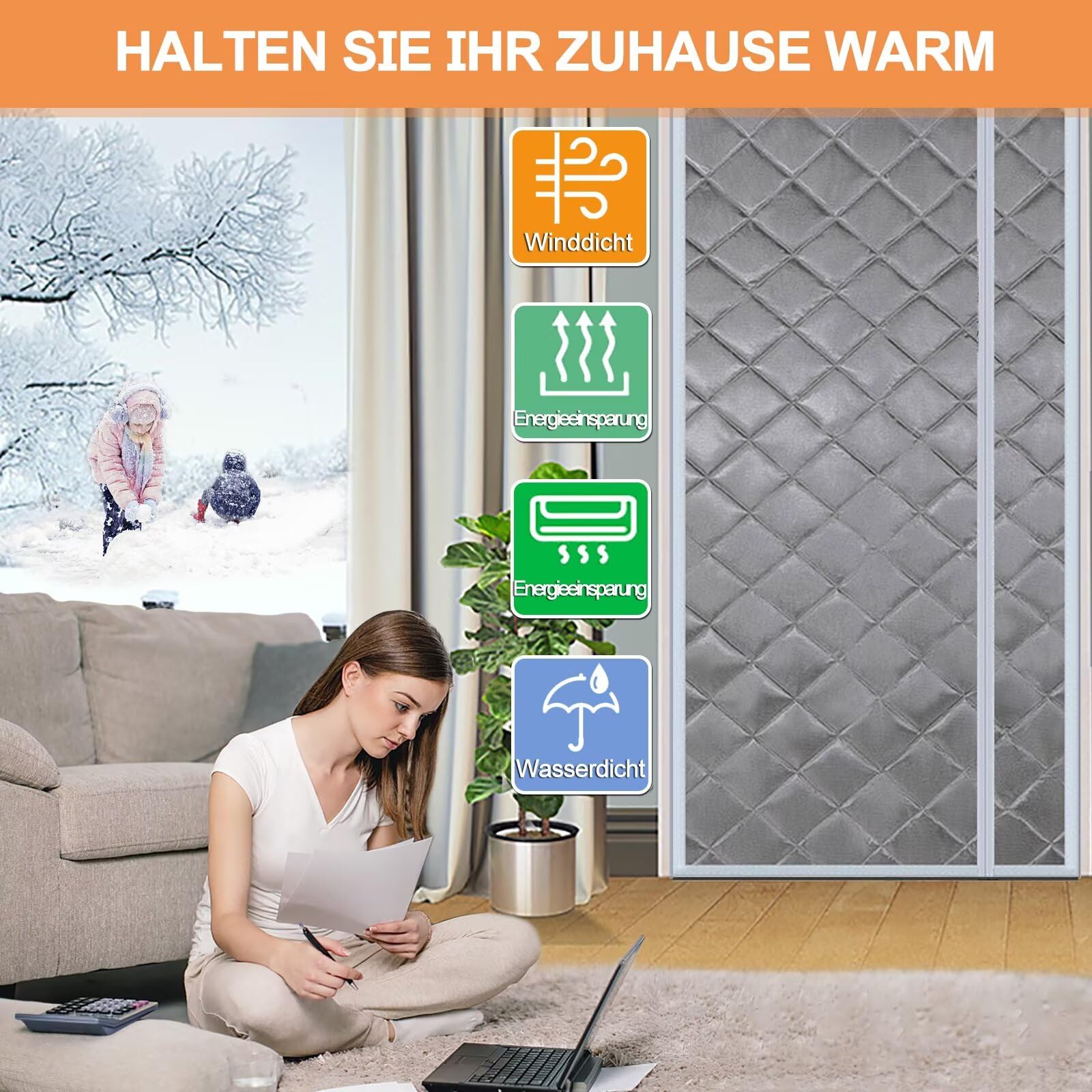 Wärmeschutzvorhang 110x220CM, Kälteschutz warm Hitzeschutz Magnetvorhang Tür Automatisches SchließEn Frei Magnetisch, für Schlafzimmer,Drinnen und Draußen- Grau mit Seitenöffnung