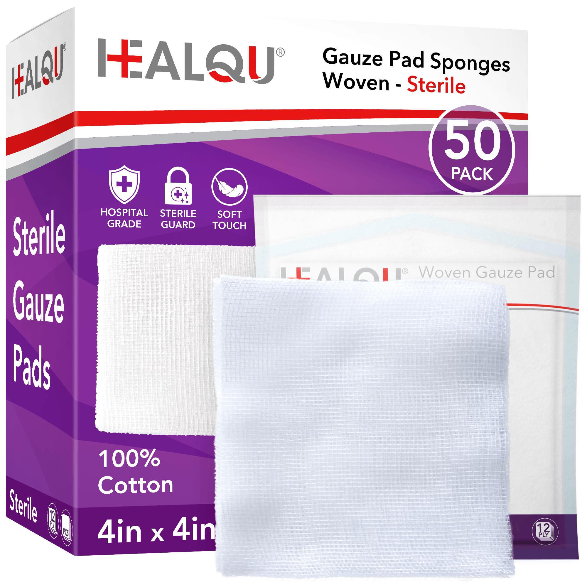 4x4 Large Sterile Gauze Pads - 50 Pack, 12-Ply Woven Cotton, Individually Wrapped Medical Gauze Sponges, Soft & Highly Absorbent Wound Dressings for First Aid Kits & Home Care by HEALQU