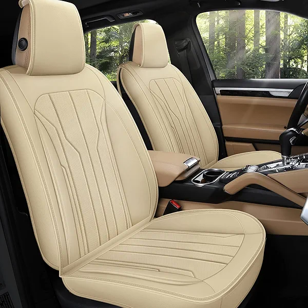 AOOG Leather Car Seat Covers, Leatherette Automotive Seat Covers for Cars SUV Pick-up Truck, Non-Slip Vehicle Car Seat Covers Universal Fit Set for Auto Interior Accessories, Front Pair, Beige