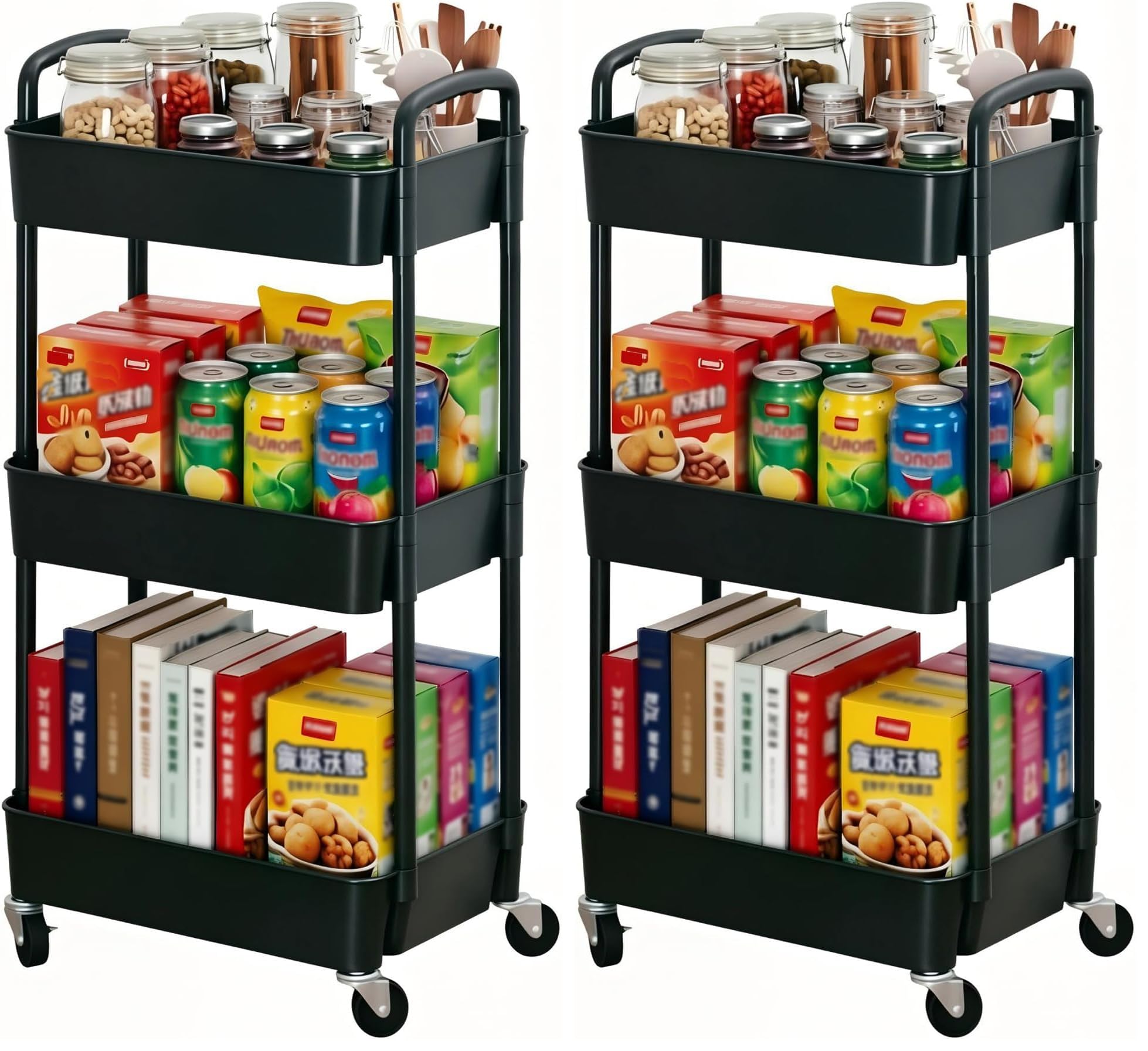 Sywhitta 3-Tier Plastic Rolling Utility Cart with Handle, Multi-Functional Storage Trolley for Office, Living Room, Kitchen, Movable Storage Organizer with Wheels, Black (Pack of 2)