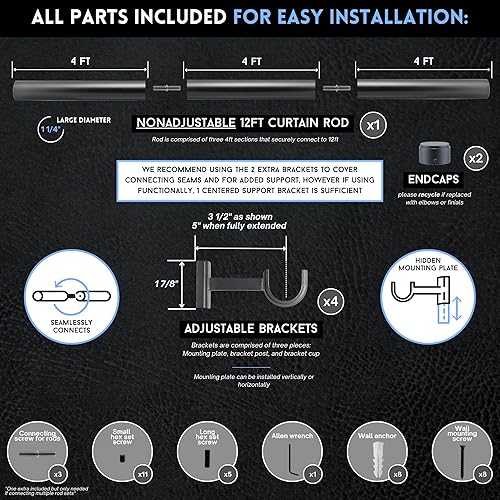 Miniatura 5 de BlastHome Barra de cortina personalizada de lujo de 12 pies, diámetro grande de 1 14 pulgadas, soportes y tapas finales de alta calidad, varillas de