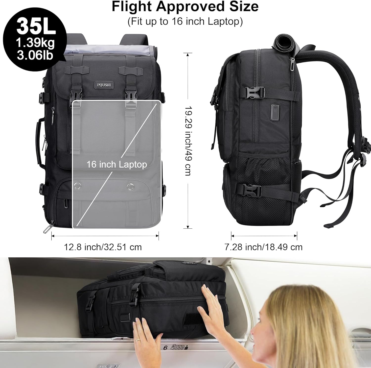 PIJUSHI Travel Backpack for Women Men Carry on Luggage Backpack Flight Approved Convertible Duffle Bag Fit 16 Inch Laptop(PE037 Black) - Image 5