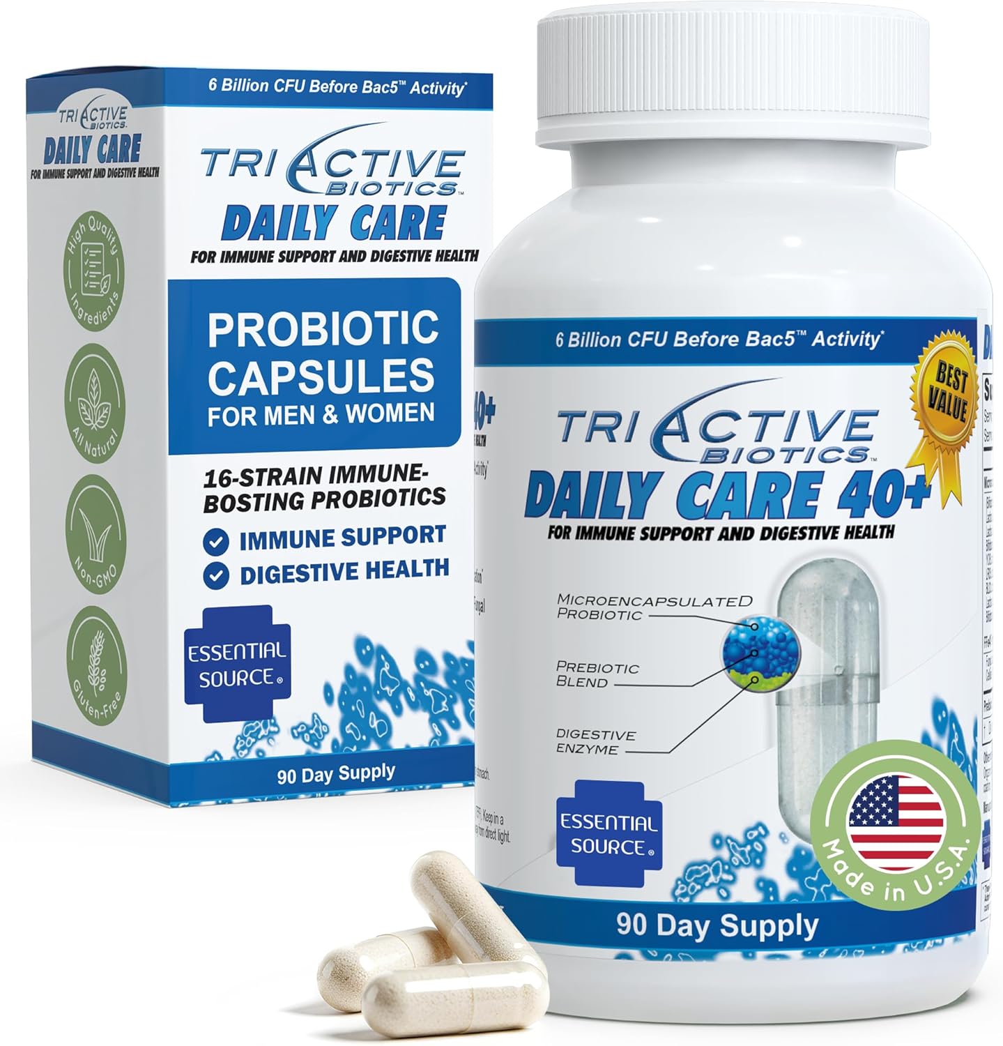 Essential Source TriActive Biotics Daily Care – Probiotics for Women and Men, 6 Billion CFU with Prebiotic Blend – Daily Digestive and Immune Support Gut Health Supplement – 30 Capsules