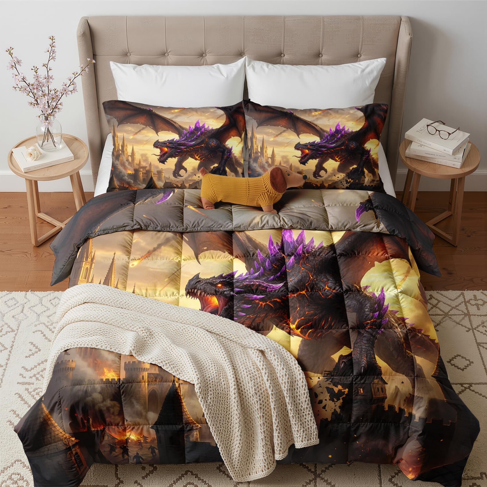 Couette 240x260 4 Saisons Dragon, Duvet 2 Personnes Douce Légère et Chaude, Couette Imprimée Réversible Fantaisie, Edredon avec 2 Taies d'oreiller