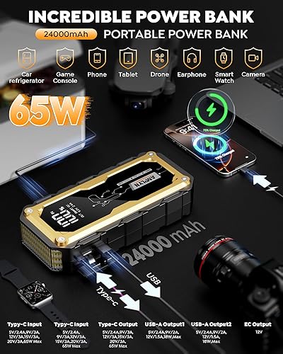 Miniatura 3 de Arrancador de 5000 A, arrancador portátil con cargador rápido de 65 W, batería de 24000 mAh, arrancador de batería de coche de 12 V, pantalla LED,